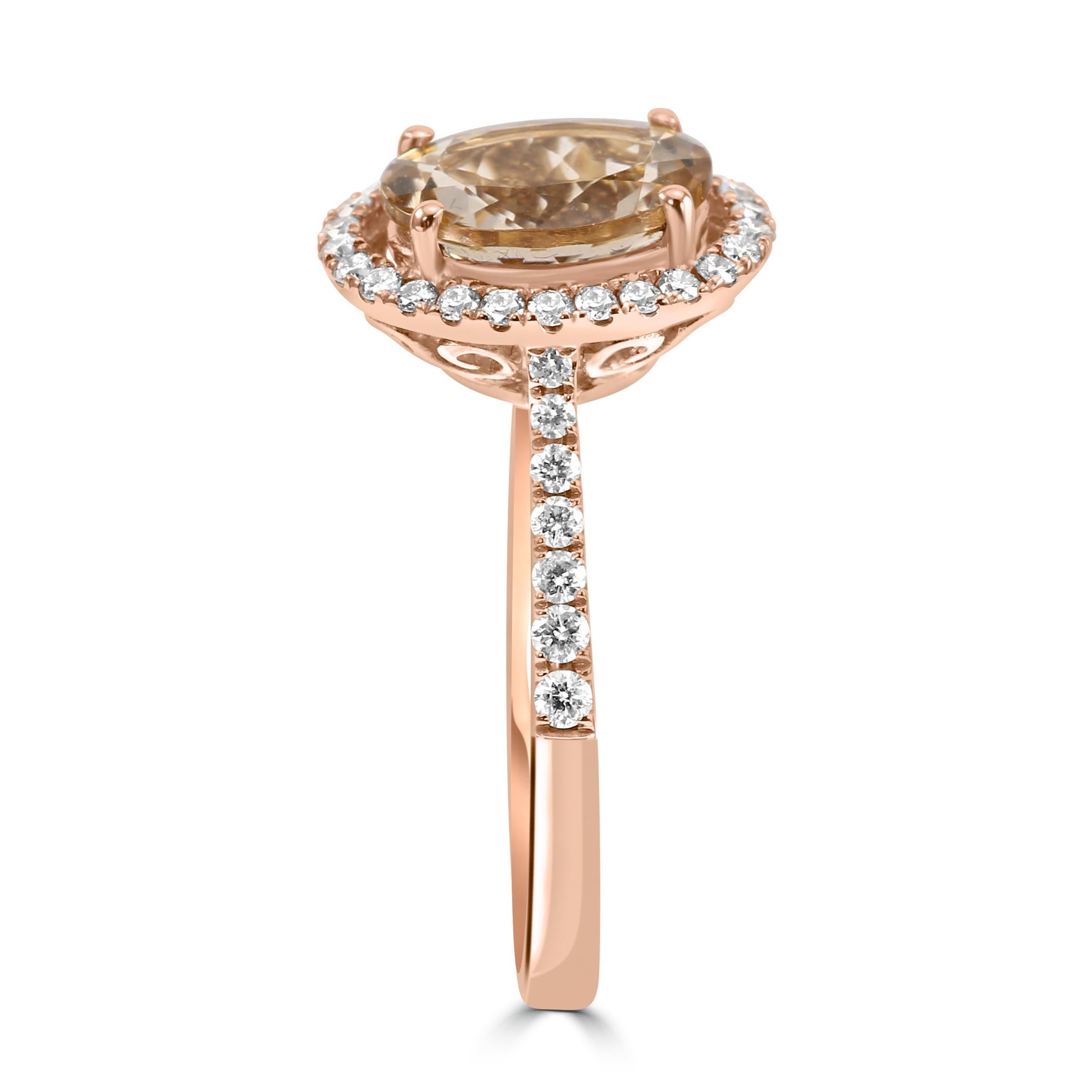 Oval Cut 1.7 Carat Morganite White Diamond Round 18 Karat Rose Gold Fancy Engagement Ring For Sale