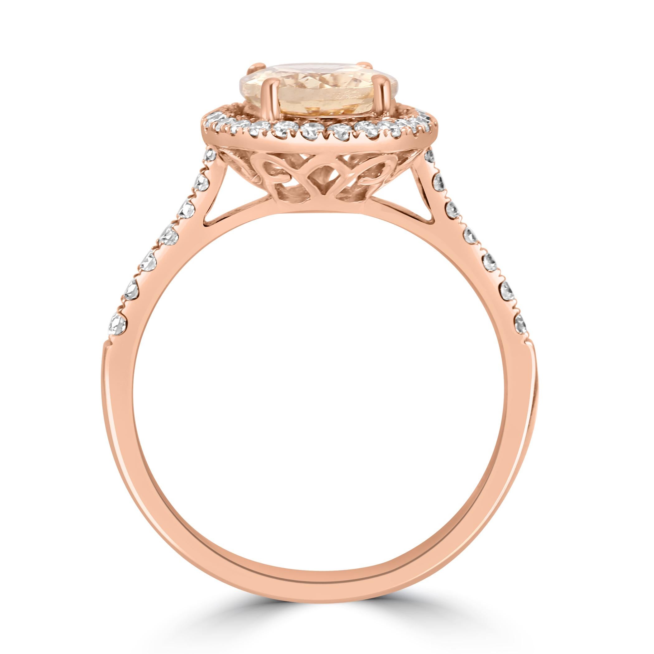 Women's or Men's 1.7 Carat Morganite White Diamond Round 18 Karat Rose Gold Fancy Engagement Ring For Sale