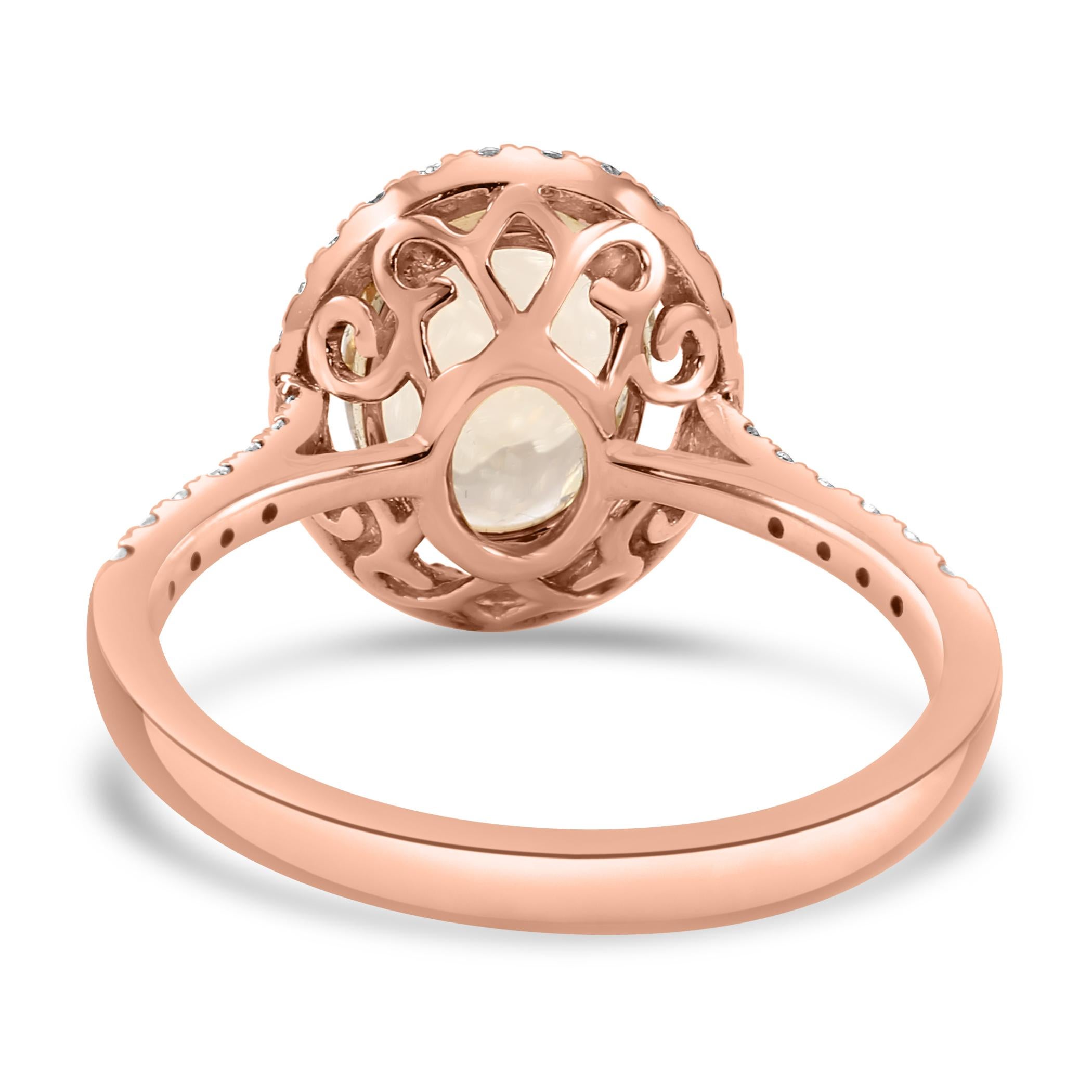1.7 Carat Morganite White Diamond Round 18 Karat Rose Gold Fancy Engagement Ring For Sale 1