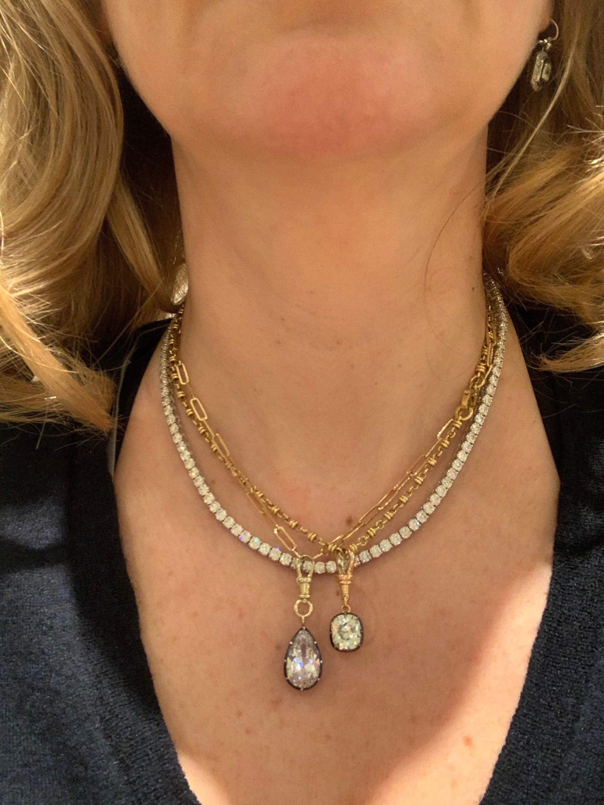 This gorgeous 16 Ct necklace will simply take your breath away! It features a 105 natural round brilliant cut diamonds.These sparkling diamonds conservatively grade as G VS1-SI1 in quality. The diamonds are set in white gold riviera or tennis style