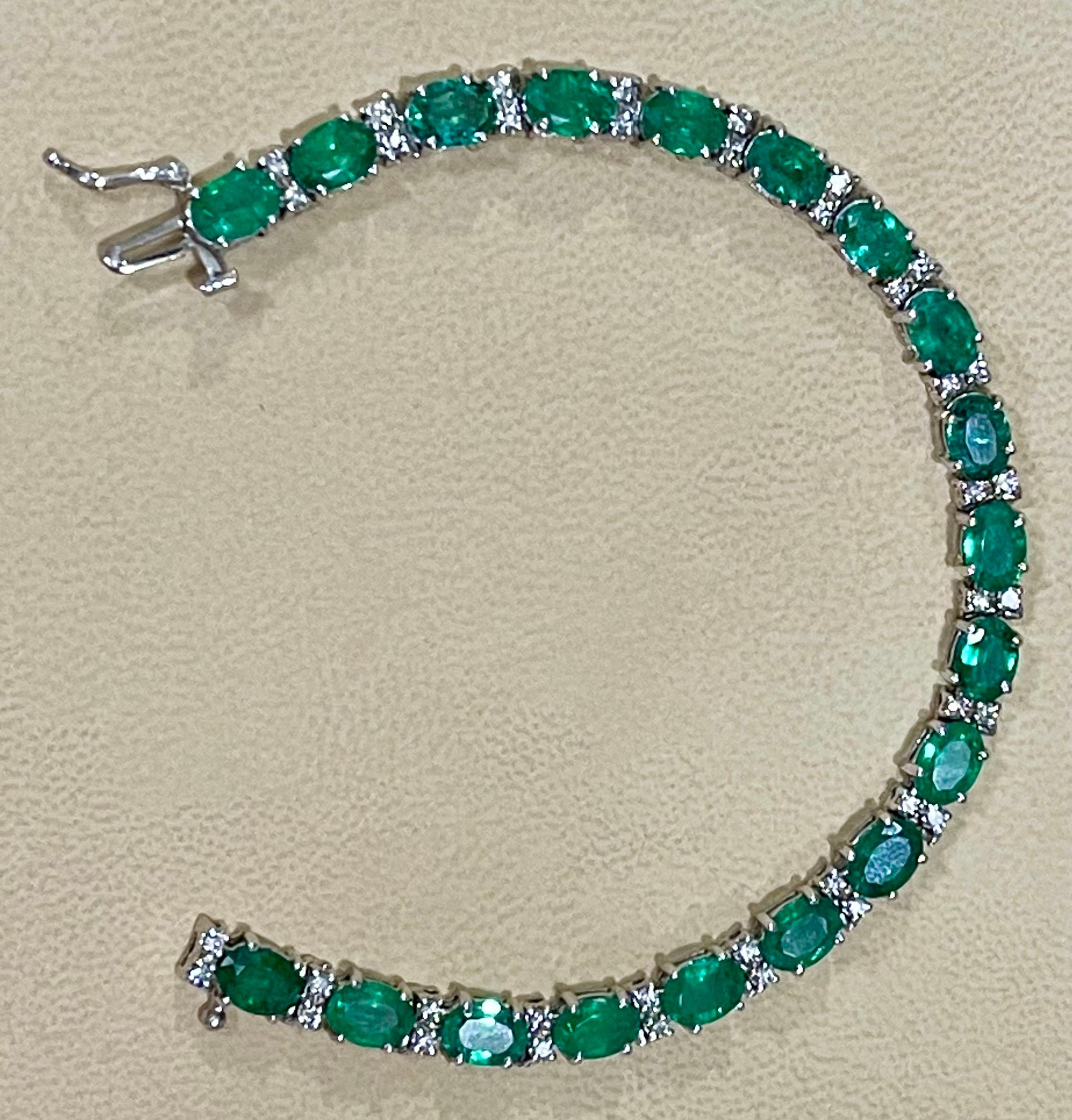  This exceptionally affordable Tennis  bracelet has  19 stones of oval  Emeralds  . Each Emerald is spaced by two diamonds . Total weight of the Emeralds is  approximately 17 carat. Total number of diamonds are 38  and diamond weighs is