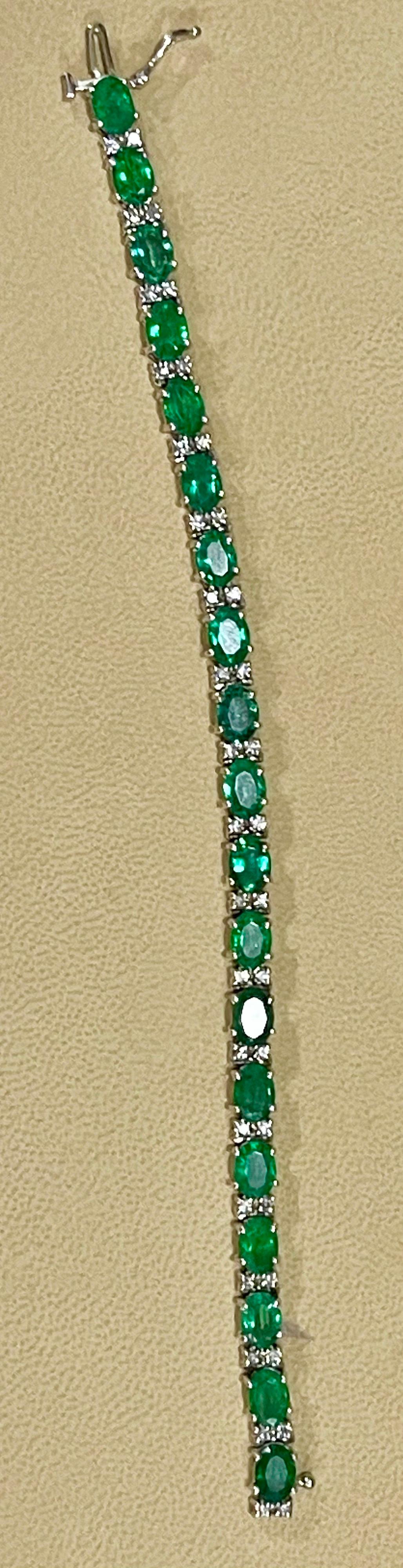 Oval Cut 17 Carat Natural Zambian Emerald and Diamond Tennis Bracelet 14 Karat White Gold