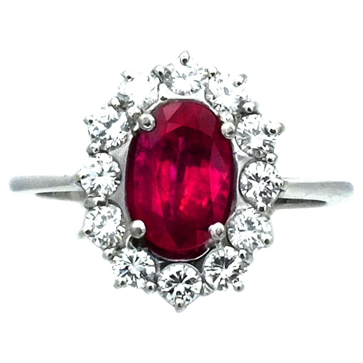 1.7 Carat No Heat Ruby Diamond 18K White Gold Cluster Ring For Sale
