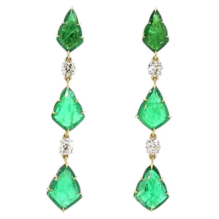 1.7 Carat Old European Cut Diamond Emerald Gold Earrings For Sale