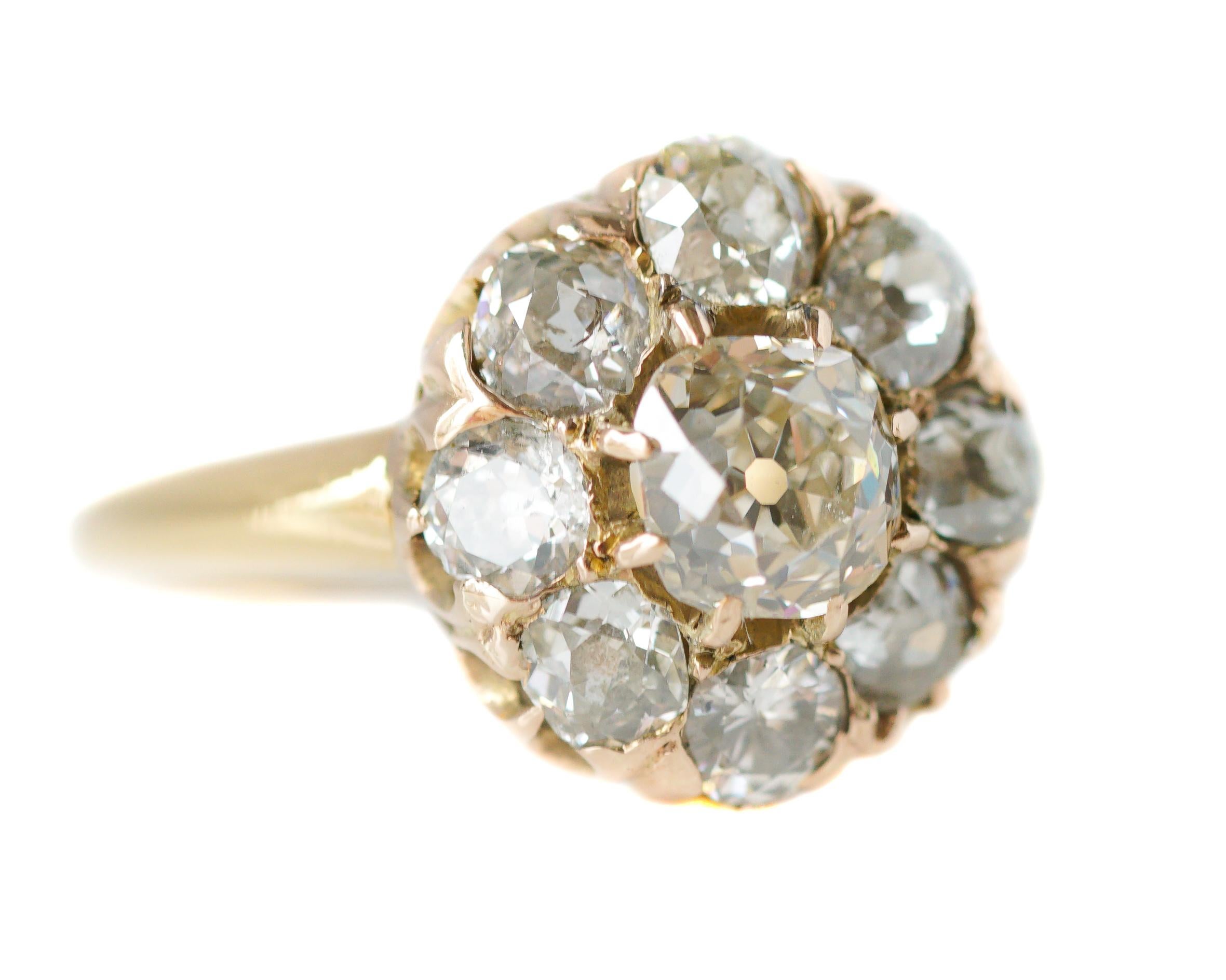 Victorian 1.7 Carat Old Mine Diamond with Yellow and Rose Gold Floral Ring