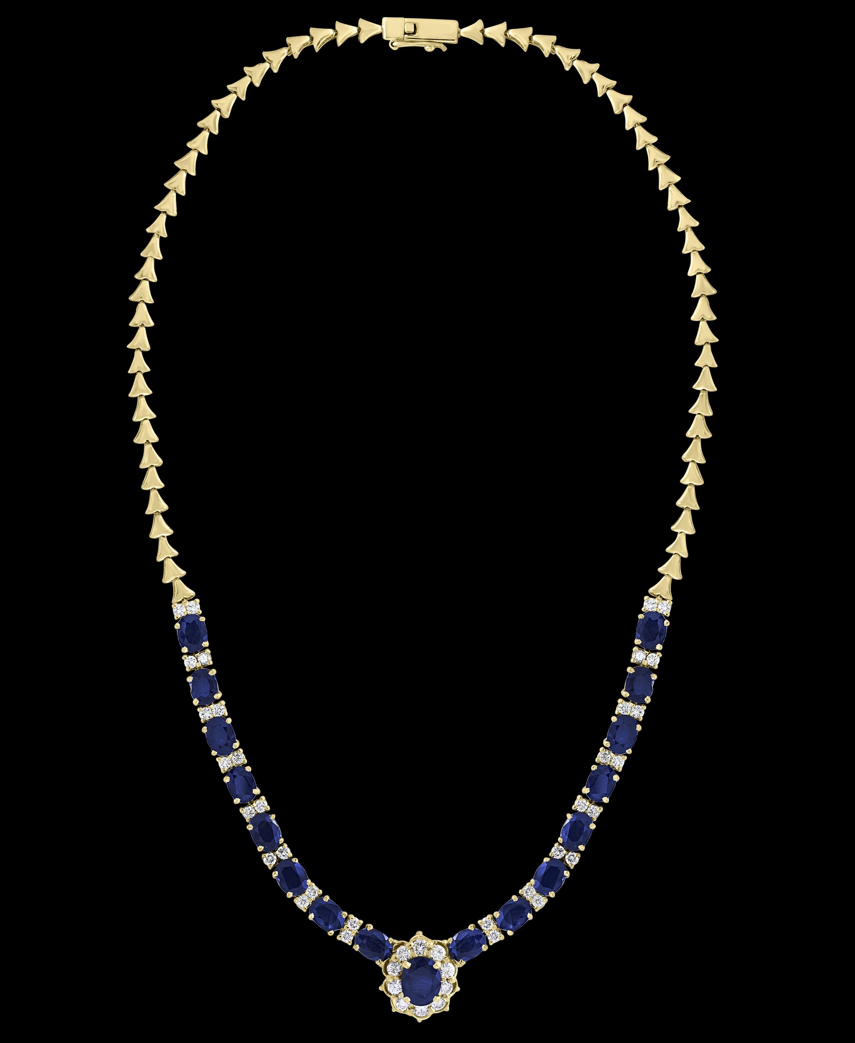 This extraordinary Necklace is consist of 17 Fine oval Sapphires  weighing approximately 17 Carats. There are  total  of  approximately 3.5 carats of shimmering white diamonds, 
 Necklace is  set in 18 Karat Yellow  gold. 
weight of 18 Karat gold is