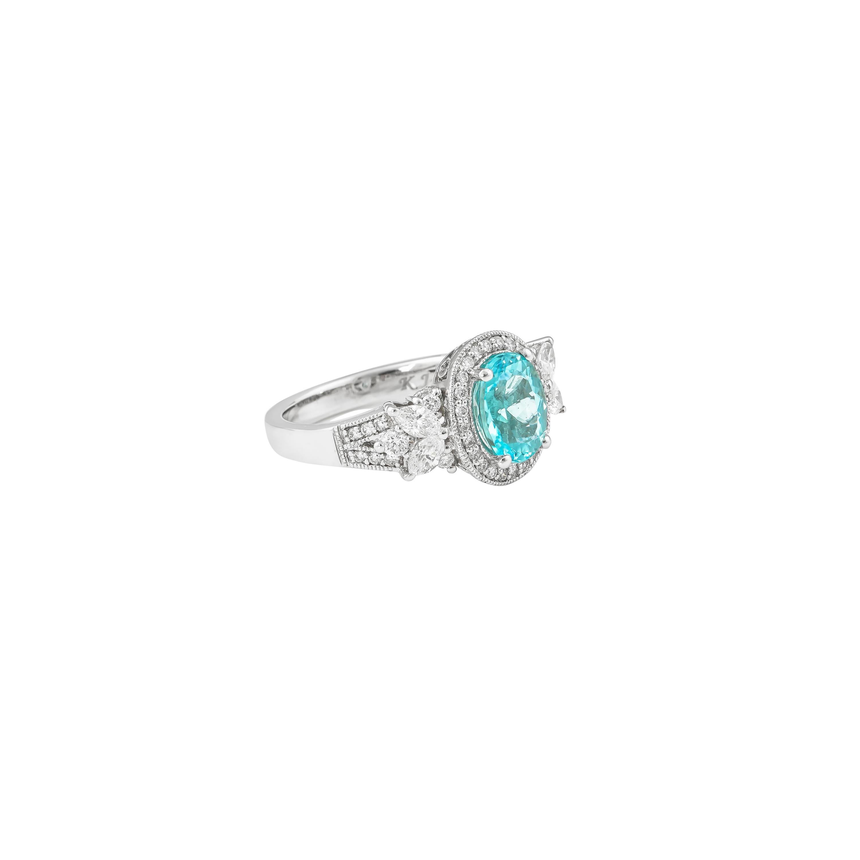 This collection features a selection of the most precious paraibas. This enchanting gemstone is a type of tourmaline sourced from Mozambique and has a beautiful pastel blue-green hue. We have accented this gorgeous gemstone with diamonds set in