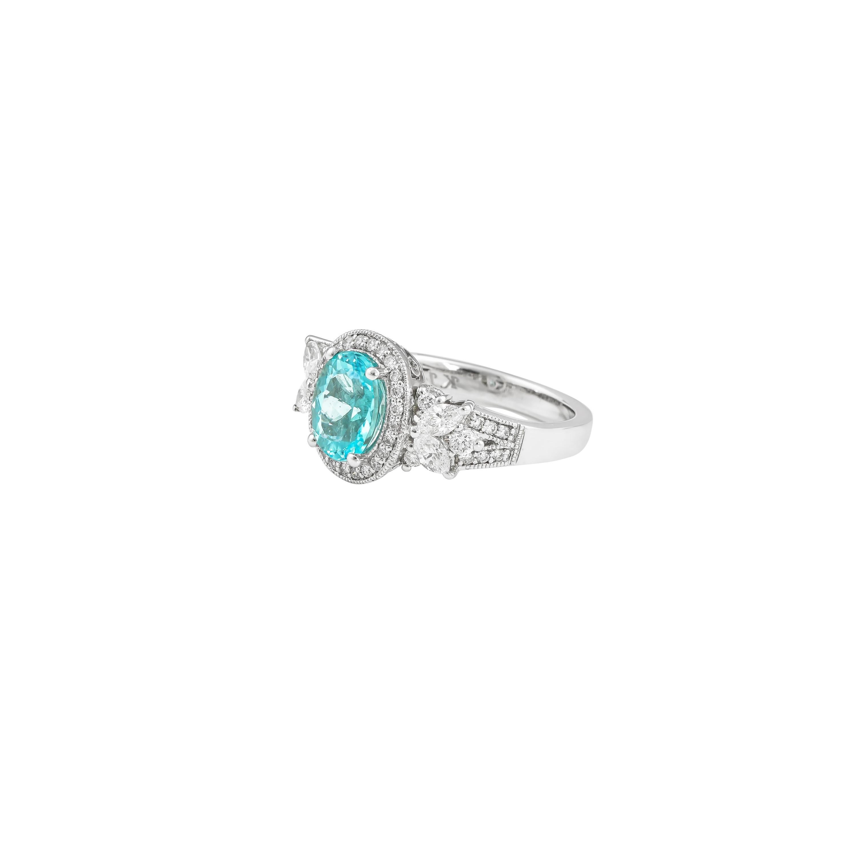 Contemporary 1.7 Carat Paraiba and White Diamond Ring in 18 Karat White Gold For Sale