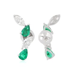 1.7 Carat Pear Emerald Ear Climber Earrings  1.34 Ct SI/H Diamond 18k White Gold