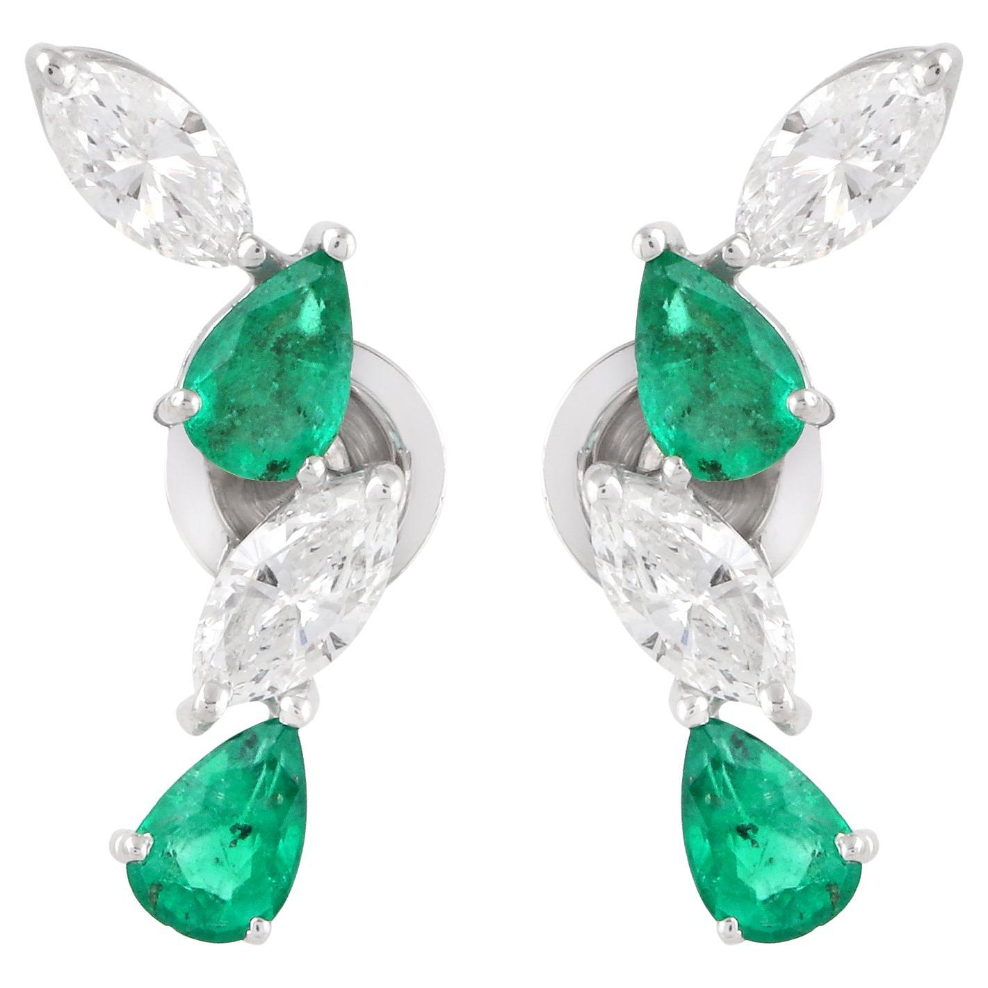 1.7 Carat Pear Emerald Ear Climber Earrings  1.34 Ct SI/H Diamond 18k White Gold For Sale