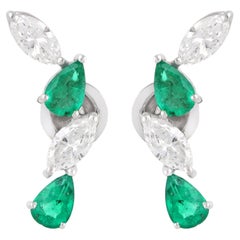 1.7 Karat Birnen-Smaragd-Ohr-Climber-Ohrringe  1,34 Karat SI/H Diamant 18k Weißgold Diamant