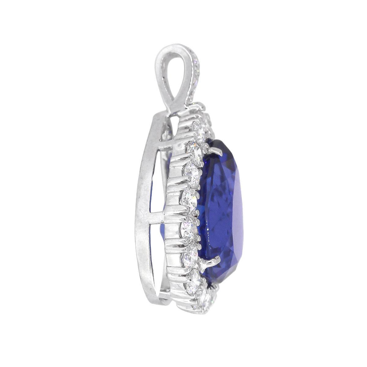 Material: 14k White Gold
Diamond Details: Approx. 2.45ct of round brilliant diamonds. Diamonds are G/H in color and SI in clarity.
Gemstone Details: Approx. 17ct Pear Shape Tanzanite gemstone.
Pendant Measurements: 0.82″ x 0.45″ x 1.35″
Item Weight: