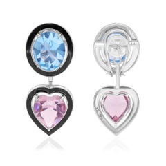17 Carat Pink Blue Gemstone Black Enamel Jacket Earrings 14 Karat White Gold
