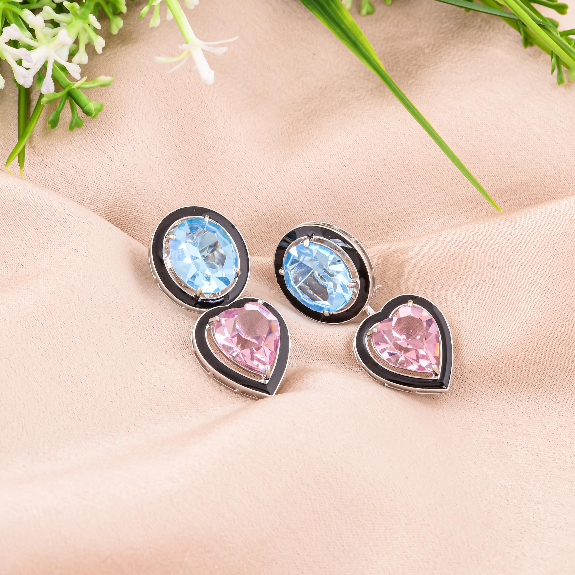 17 Carat Pink Blue Gemstone Black Enamel Jacket Earrings 14 Karat White Gold In New Condition For Sale In Diera, Dubai