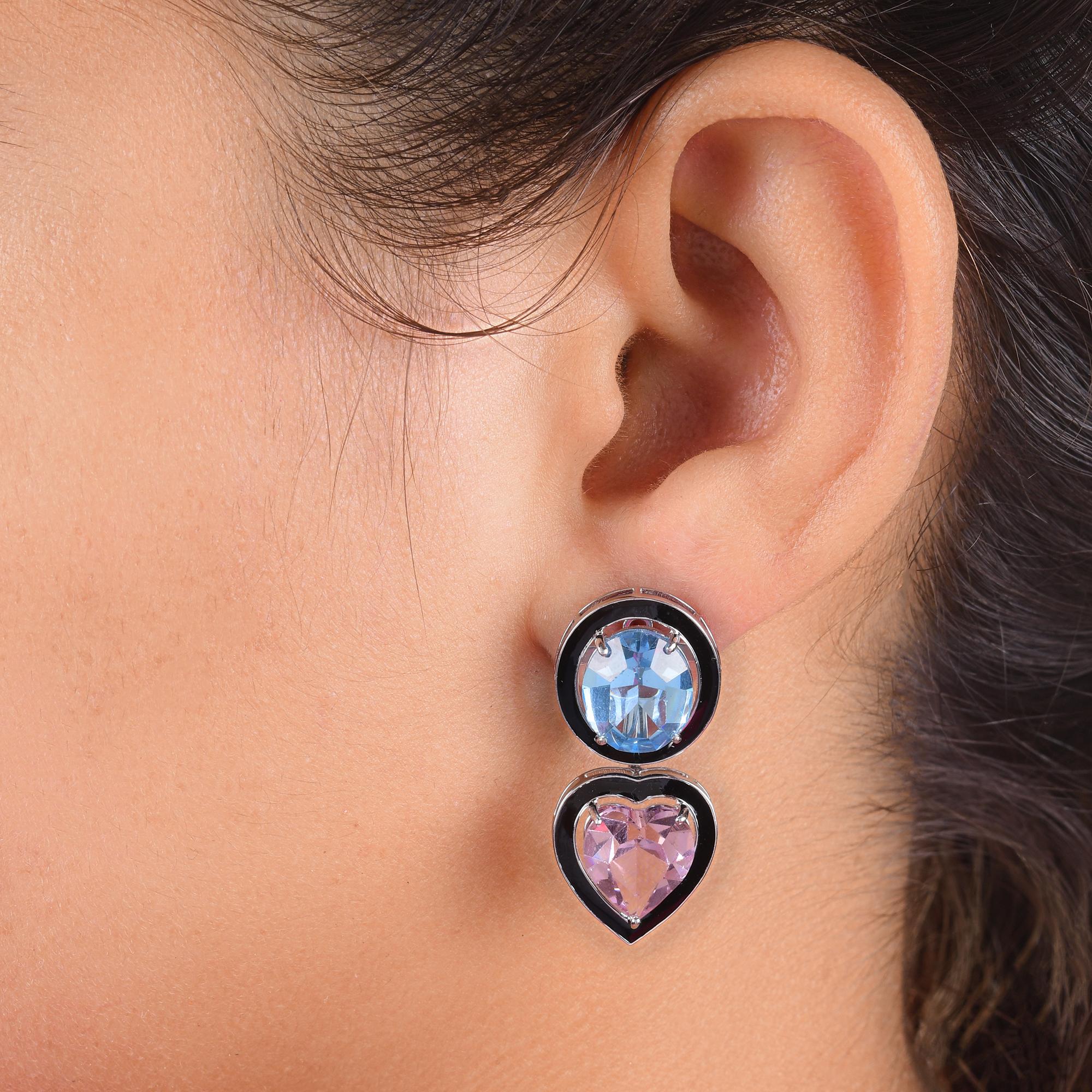 Women's 17 Carat Pink Blue Gemstone Black Enamel Jacket Earrings 14 Karat White Gold For Sale