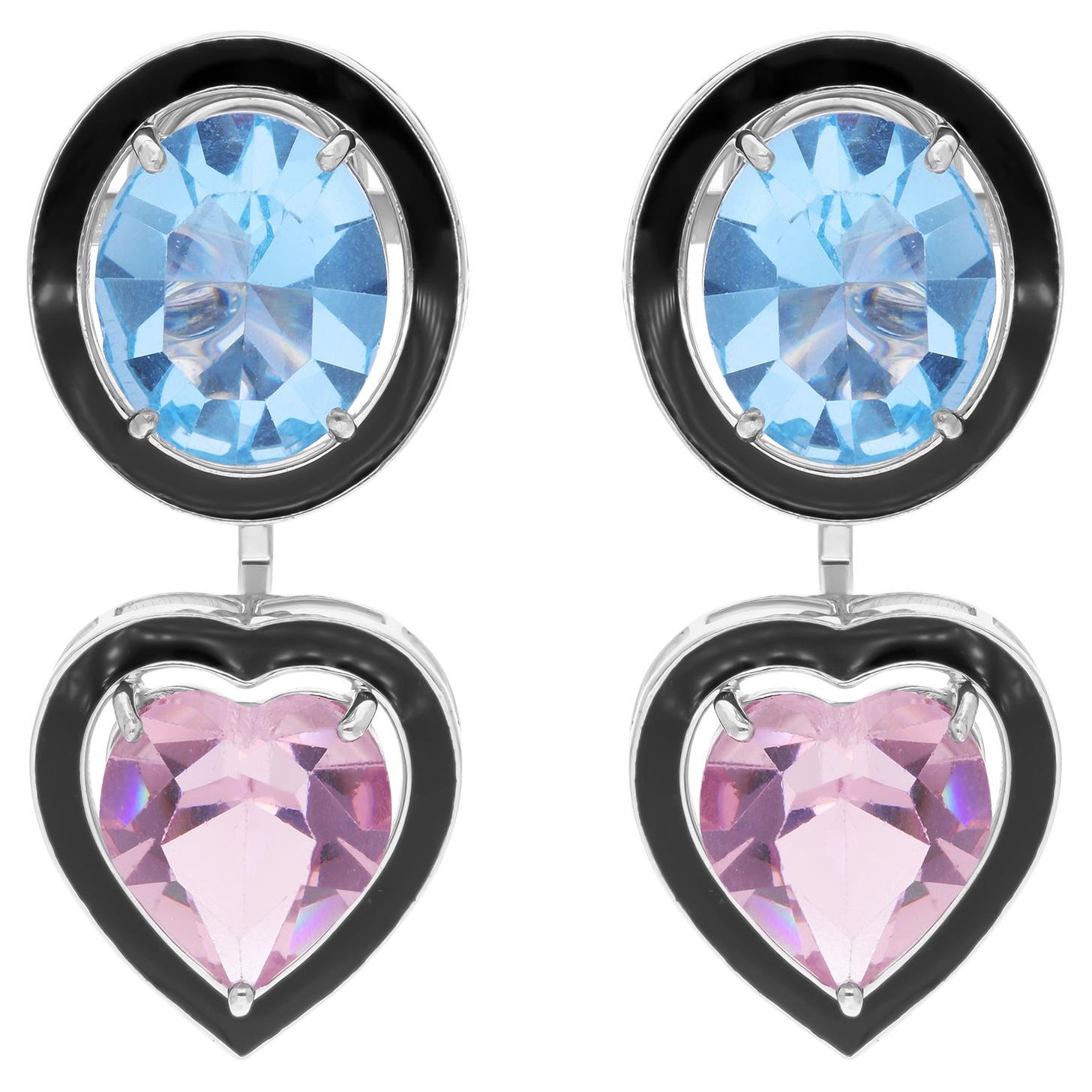 17 Carat Pink Blue Gemstone Black Enamel Jacket Earrings 14 Karat White Gold For Sale