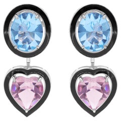 17 Carat Pink Blue Gemstone Black Enamel Jacket Earrings 18 Karat White Gold