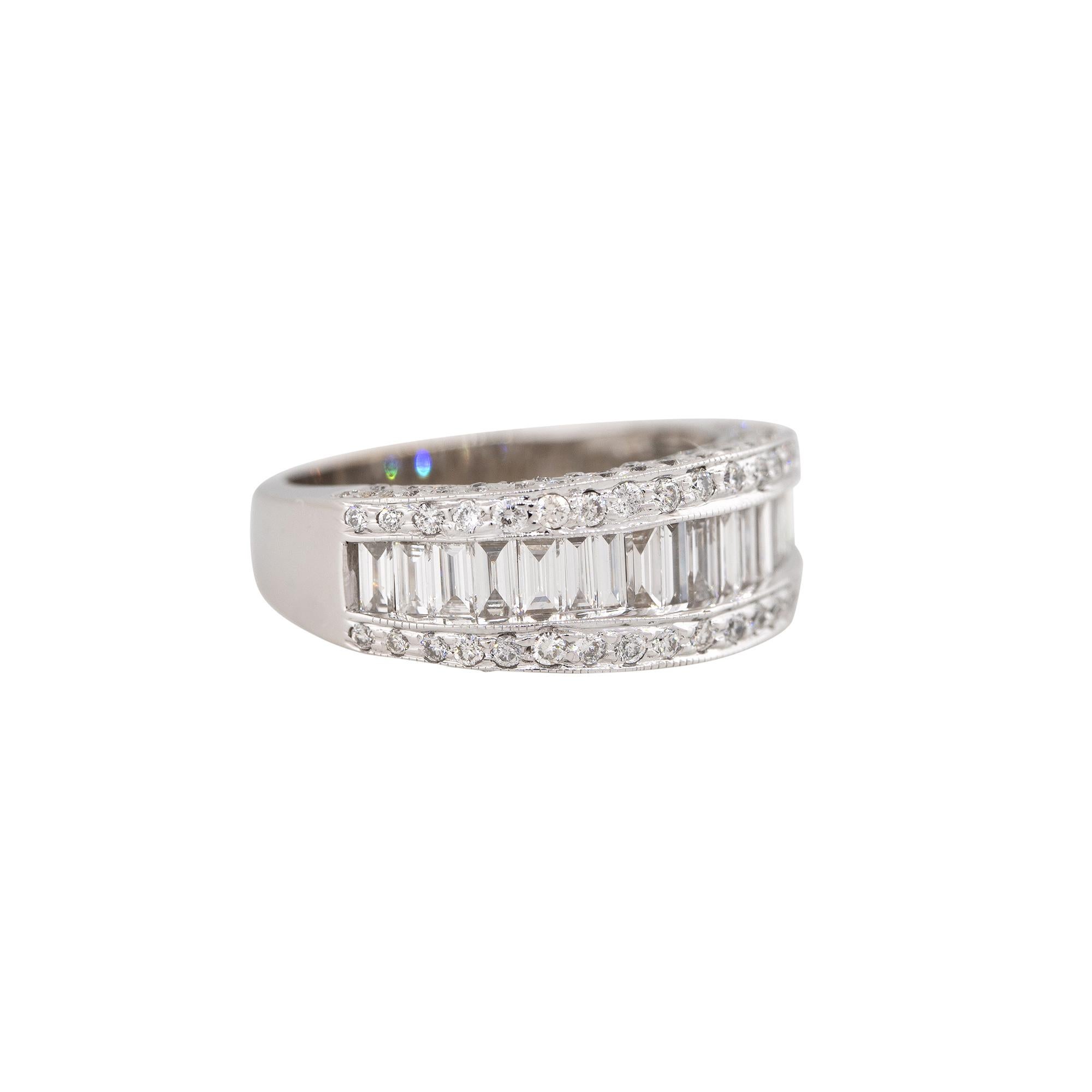 Modern 1.7 Carat Round Brilliant & Baguette Cut Diamond 3-Row Ring 14 Karat In Stock For Sale