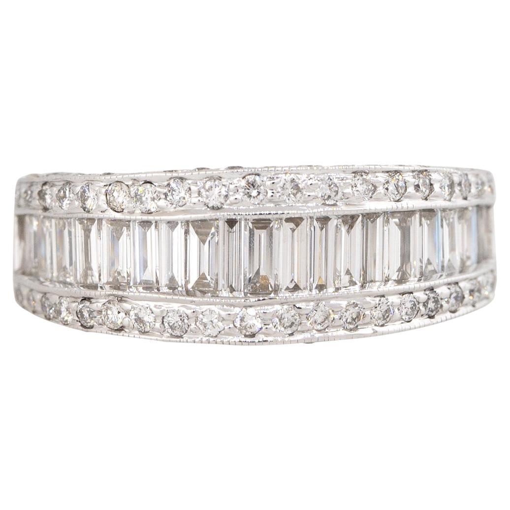 1.7 Carat Round Brilliant & Baguette Cut Diamond 3-Row Ring 14 Karat In Stock