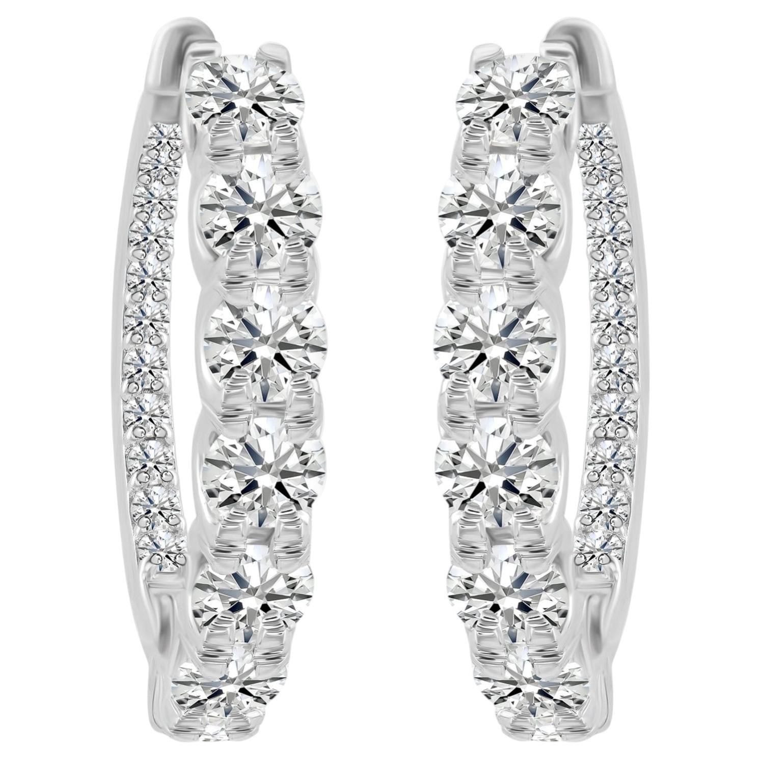 Pendientes de aro con diamante redondo SI/H de 1,7 quilates y 14 quilates de oro blanco