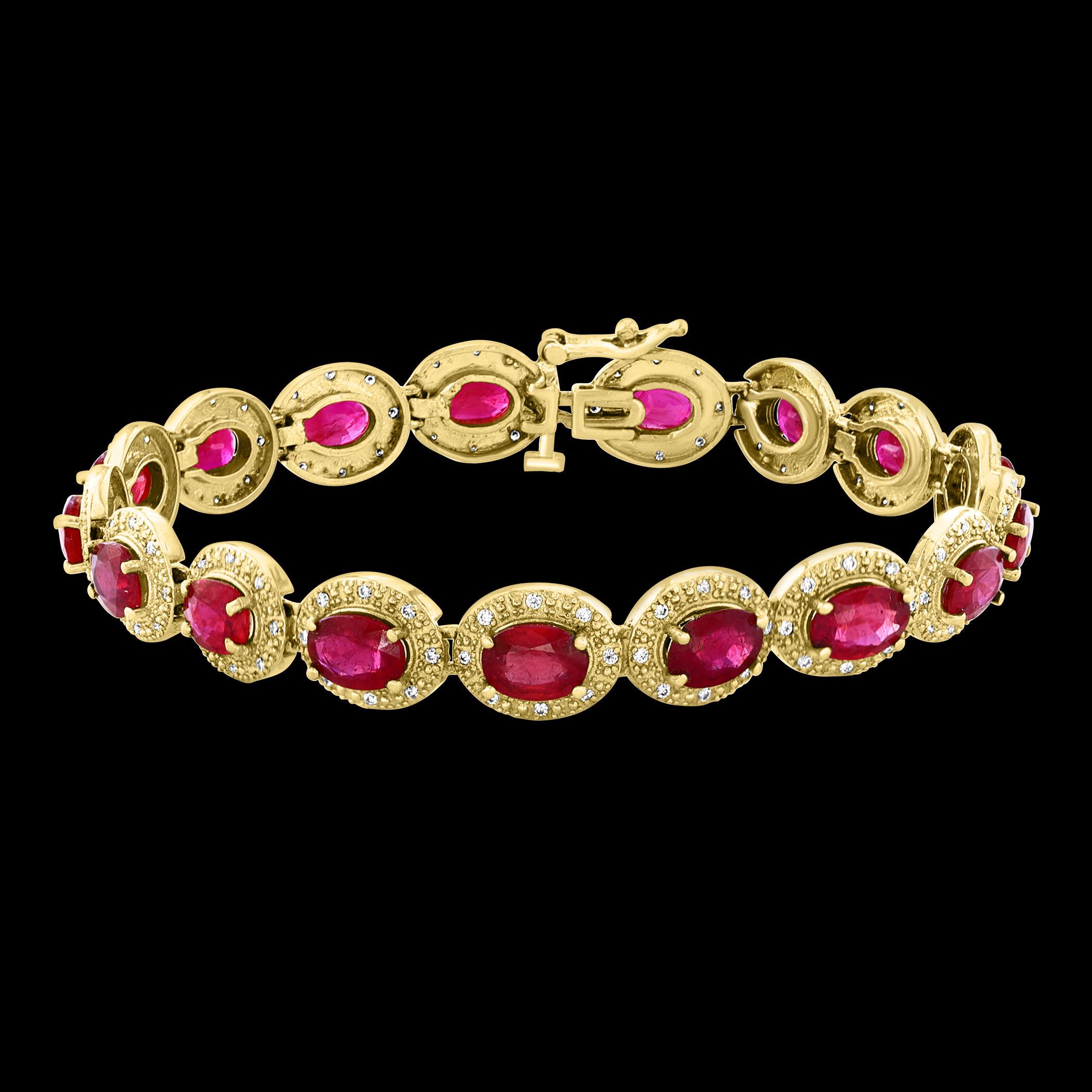 Introducing our stunning and affordable 14 Karat Yellow Gold Tennis Bracelet featuring a remarkable 17 carat oval treated Ruby and 1 carat of diamonds. This bracelet is a true statement piece, showcasing the beauty and elegance of rubies and