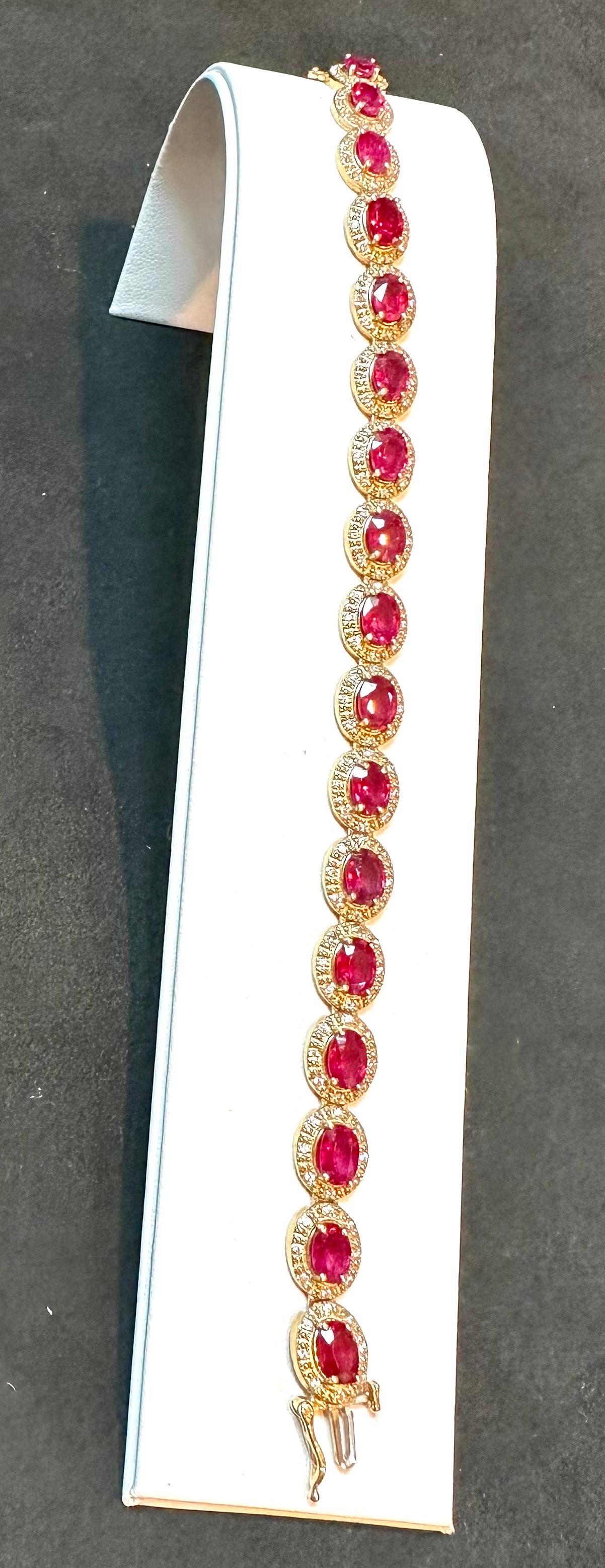 Women's 17 Carat Ruby & 1 Carat Diamond Affordable Tennis Bracelet 14 Karat Yellow Gold For Sale