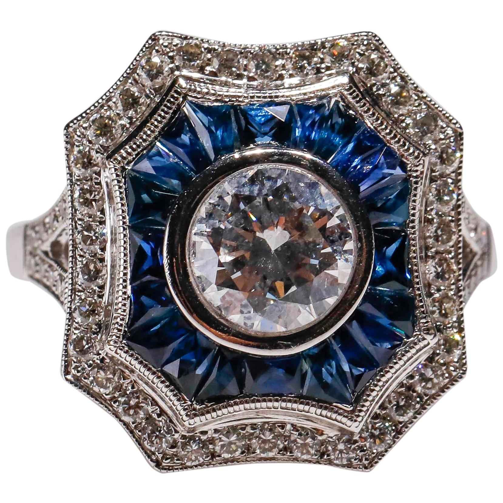 Art Deco Inspired New Blue Sapphire 0.42 Carat Diamond 18 Karat White Gold Ring