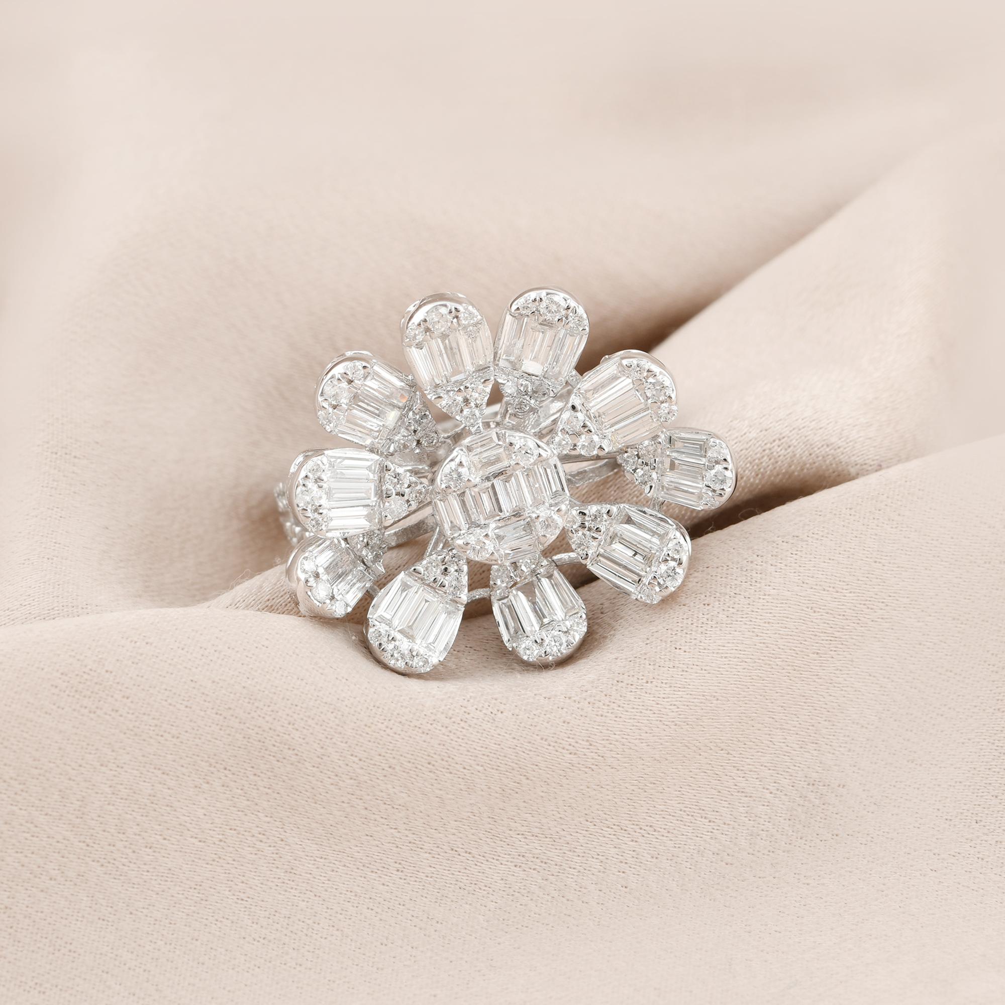 Baguette Cut 1.7 Carat SI Clarity HI Color Baguette Diamond Cocktail Ring 14 Karat White Gold For Sale