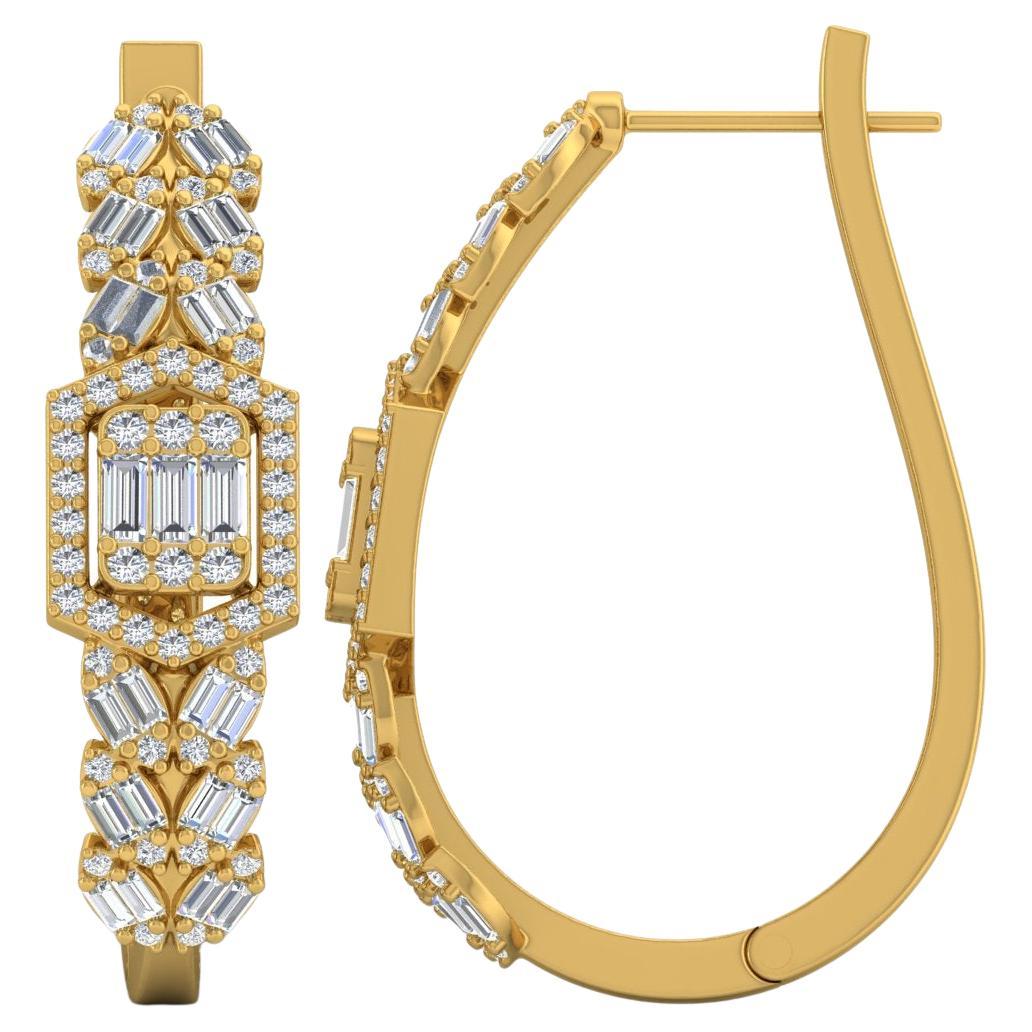1.7 Carat SI/HI Baguette Diamond Hoop Earrings 18 Karat Yellow Gold Fine Jewelry For Sale