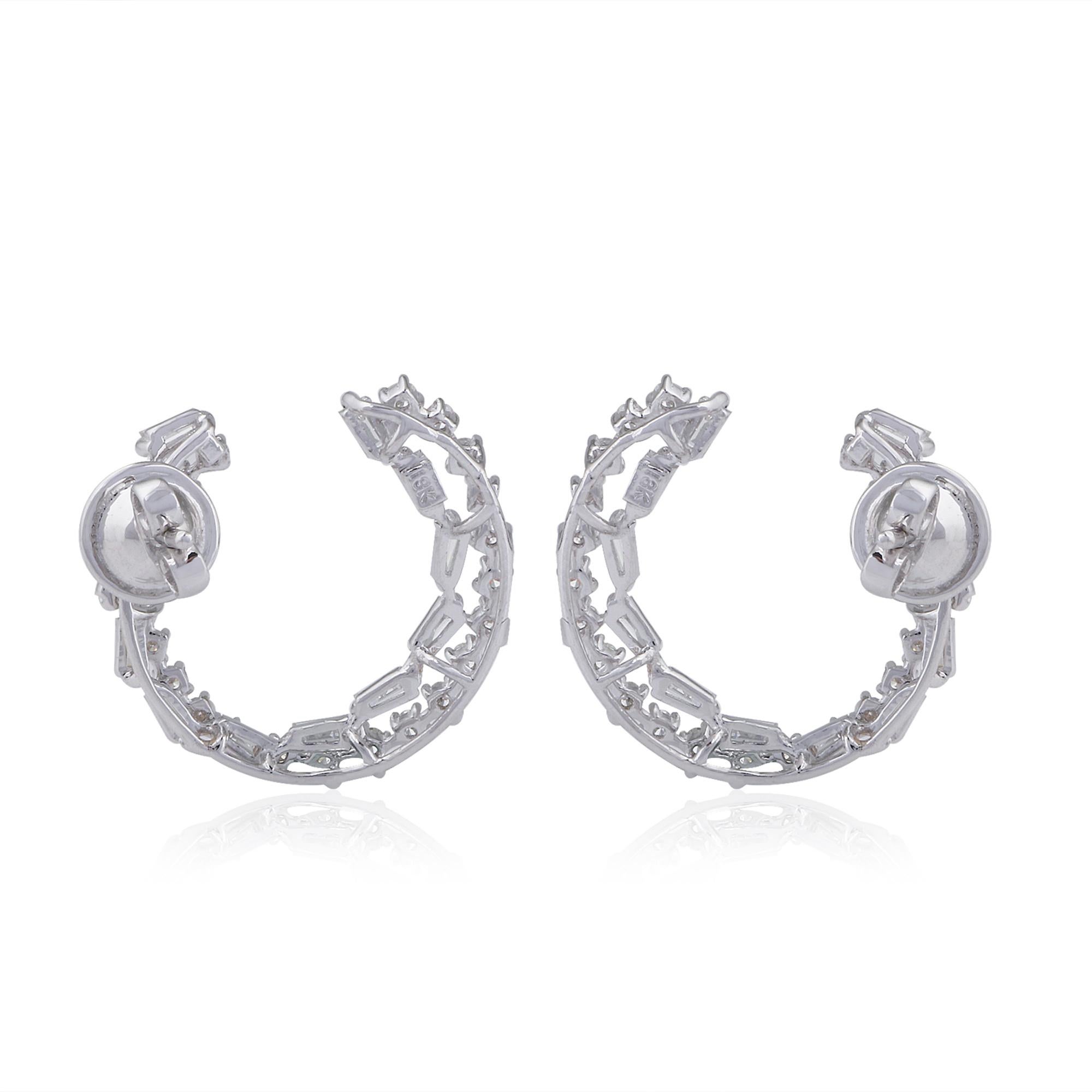 Modern 1.7 Carat SI/HI Baguette Round Diamond Hoop Earrings 18 Karat White Gold Jewelry For Sale