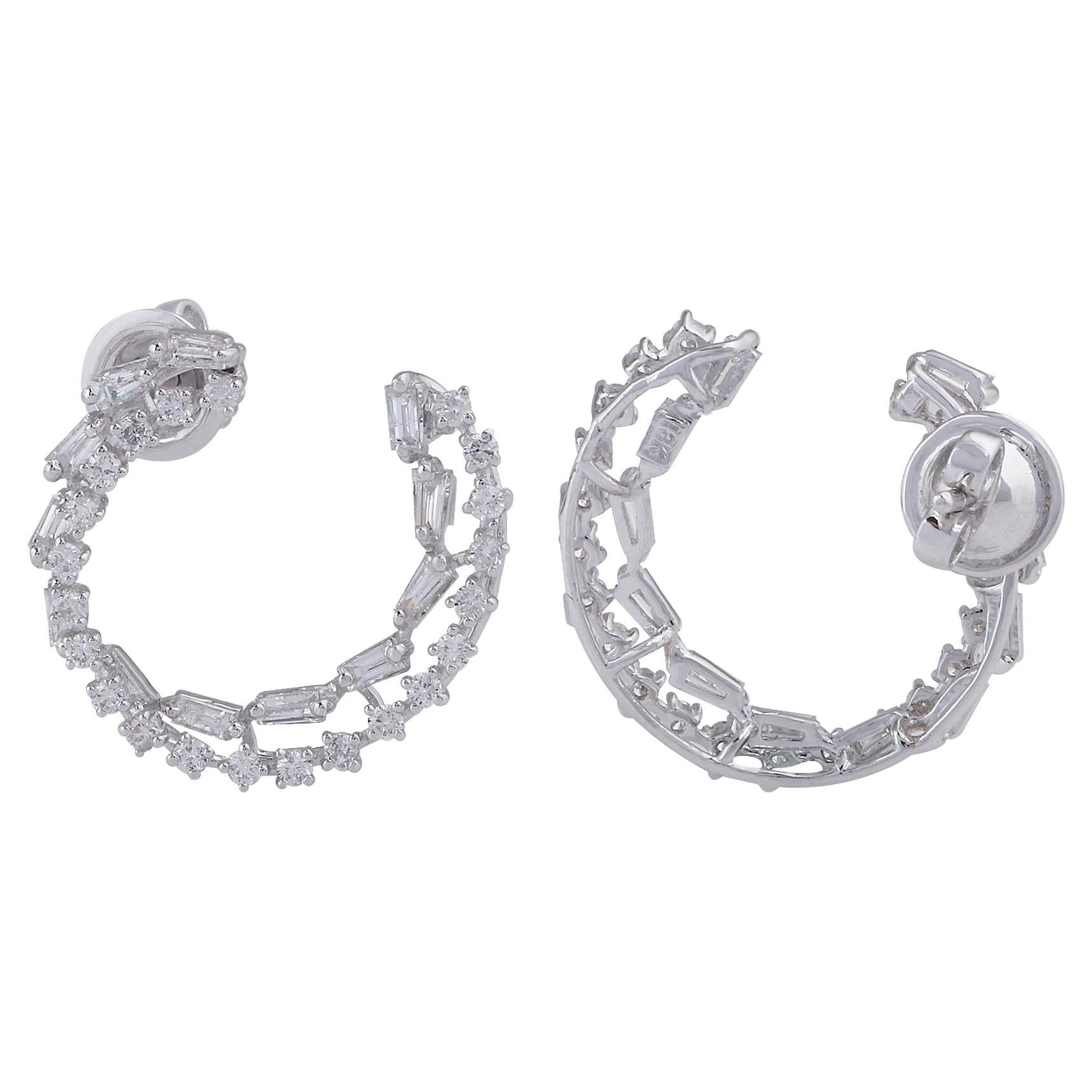 1.7 Carat SI/HI Baguette Round Diamond Hoop Earrings 18 Karat White Gold Jewelry