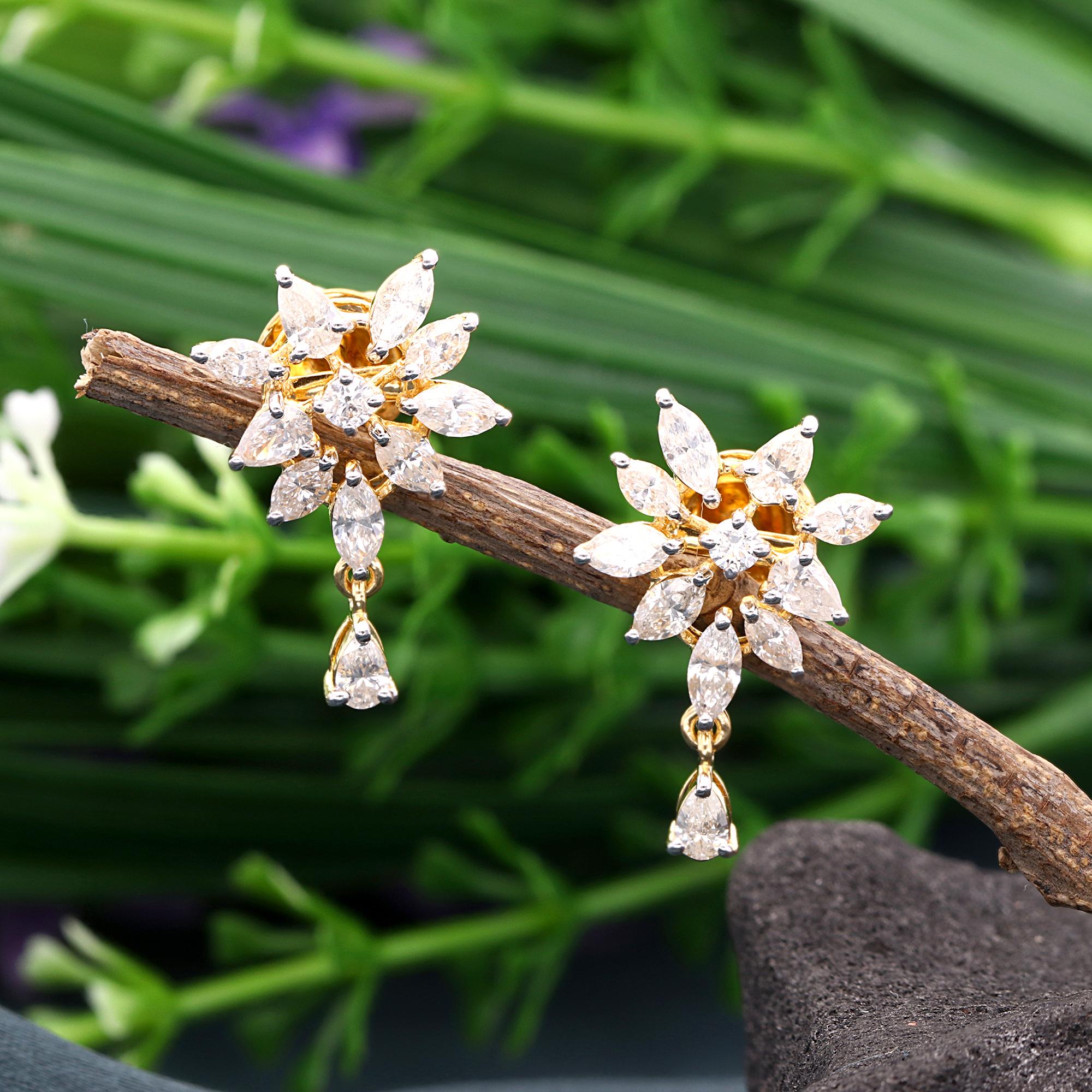 Moderne Pendants d'oreilles en or jaune 18 carats avec diamants ronds taille poire marquise SI/HI de 1,7 carat en vente