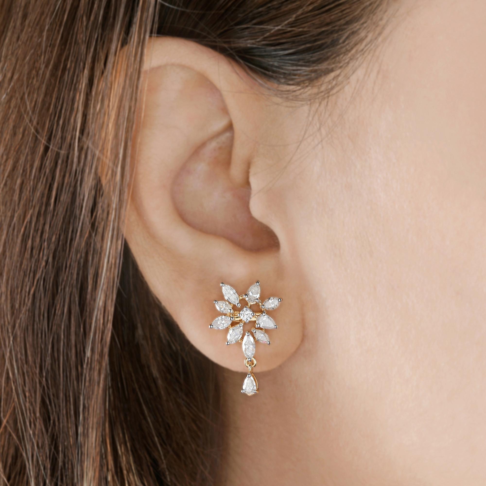 Taille poire Pendants d'oreilles en or jaune 18 carats avec diamants ronds taille poire marquise SI/HI de 1,7 carat en vente