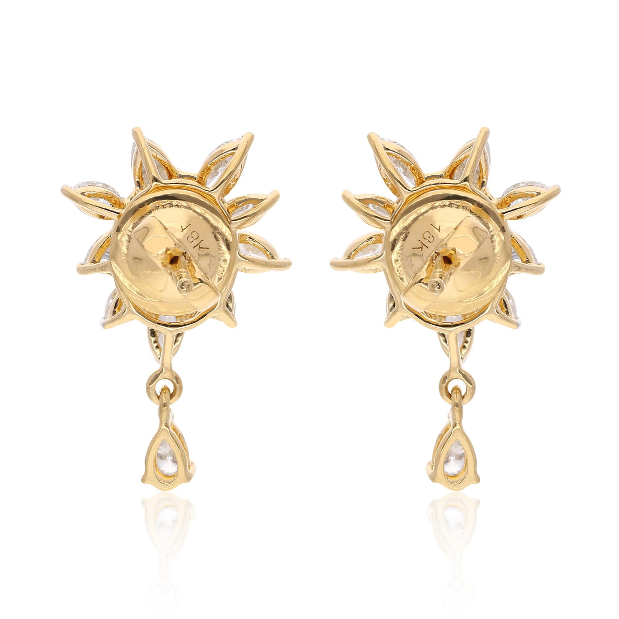 Women's 1.7 Carat SI/HI Pear Marquise Round Diamond Dangle Earrings 18 Karat Yellow Gold For Sale