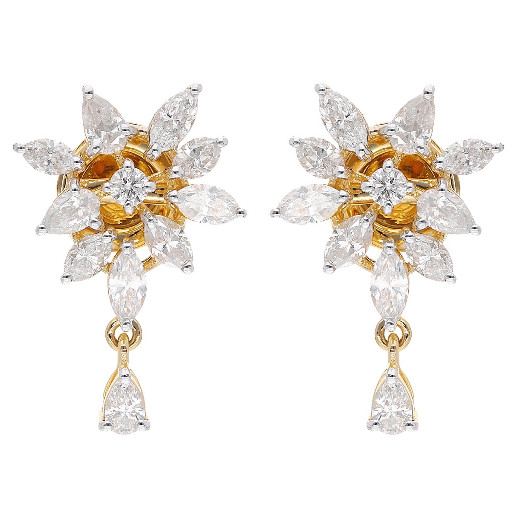 1.7 Carat SI/HI Pear Marquise Round Diamond Dangle Earrings 18 Karat Yellow Gold For Sale