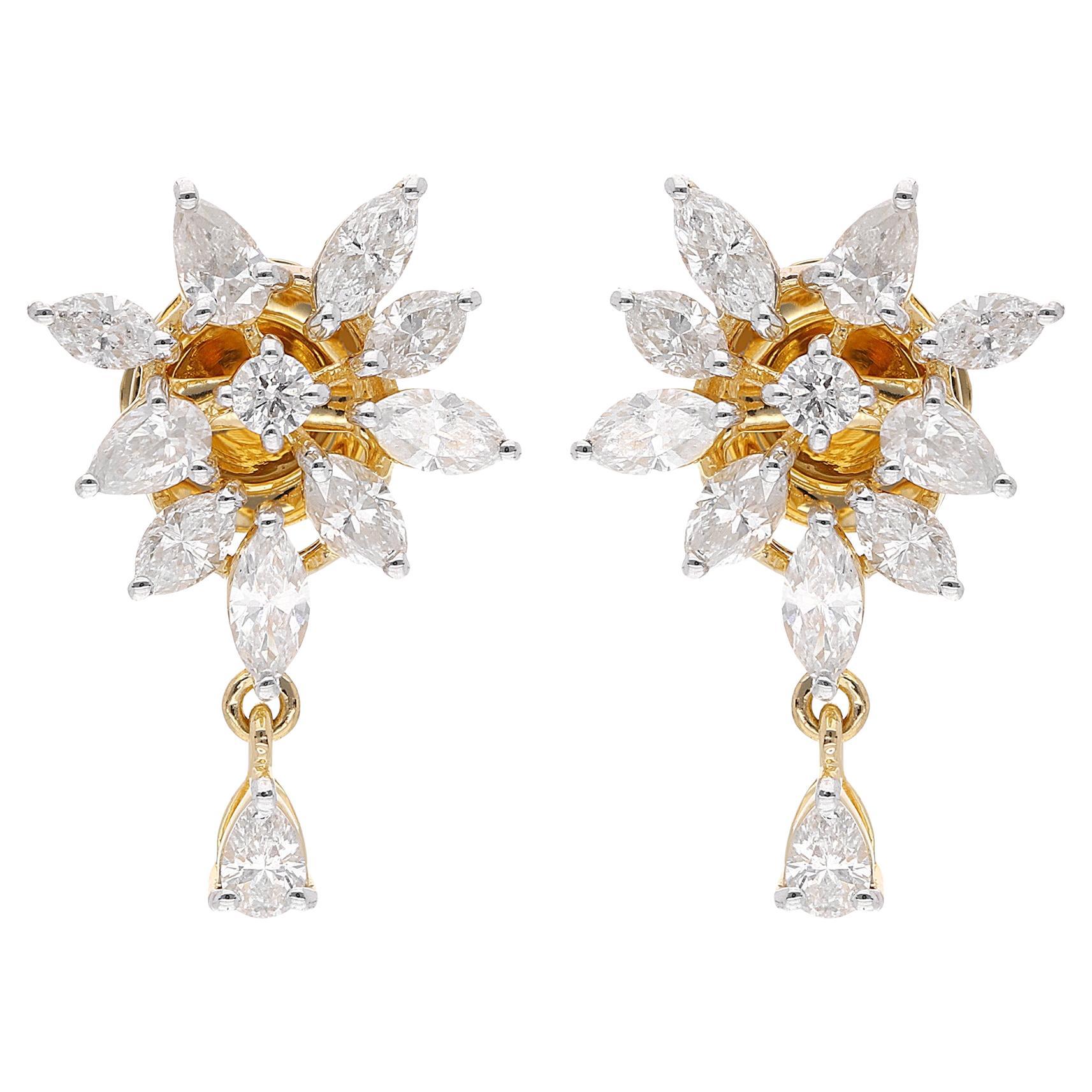 Pendants d'oreilles en or jaune 18 carats avec diamants ronds taille poire marquise SI/HI de 1,7 carat