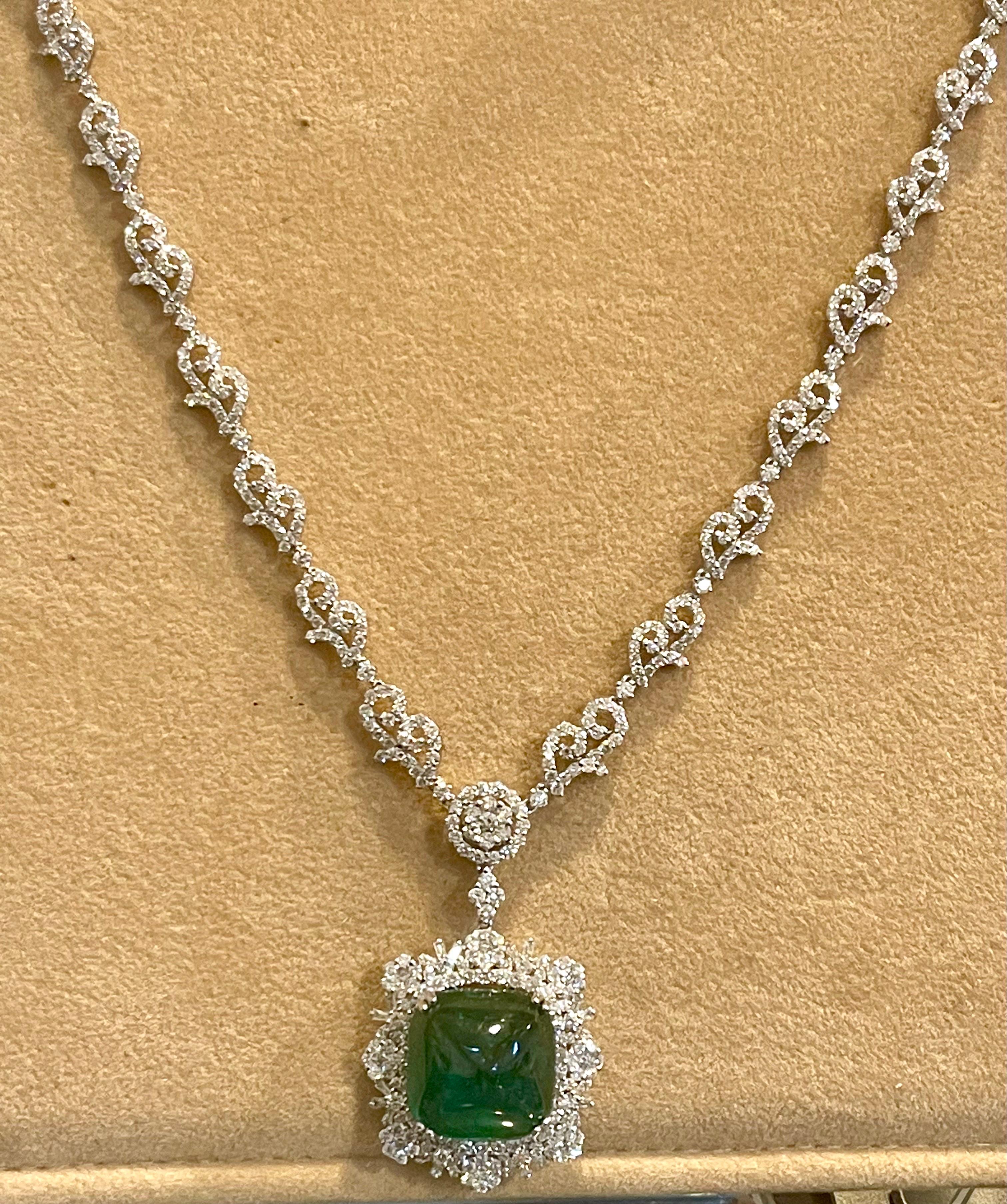 GIA 17 Ct Sugar Loaf Cabochon Colombian Emerald & 13 Ct Diamond Necklace 18KWG For Sale 2