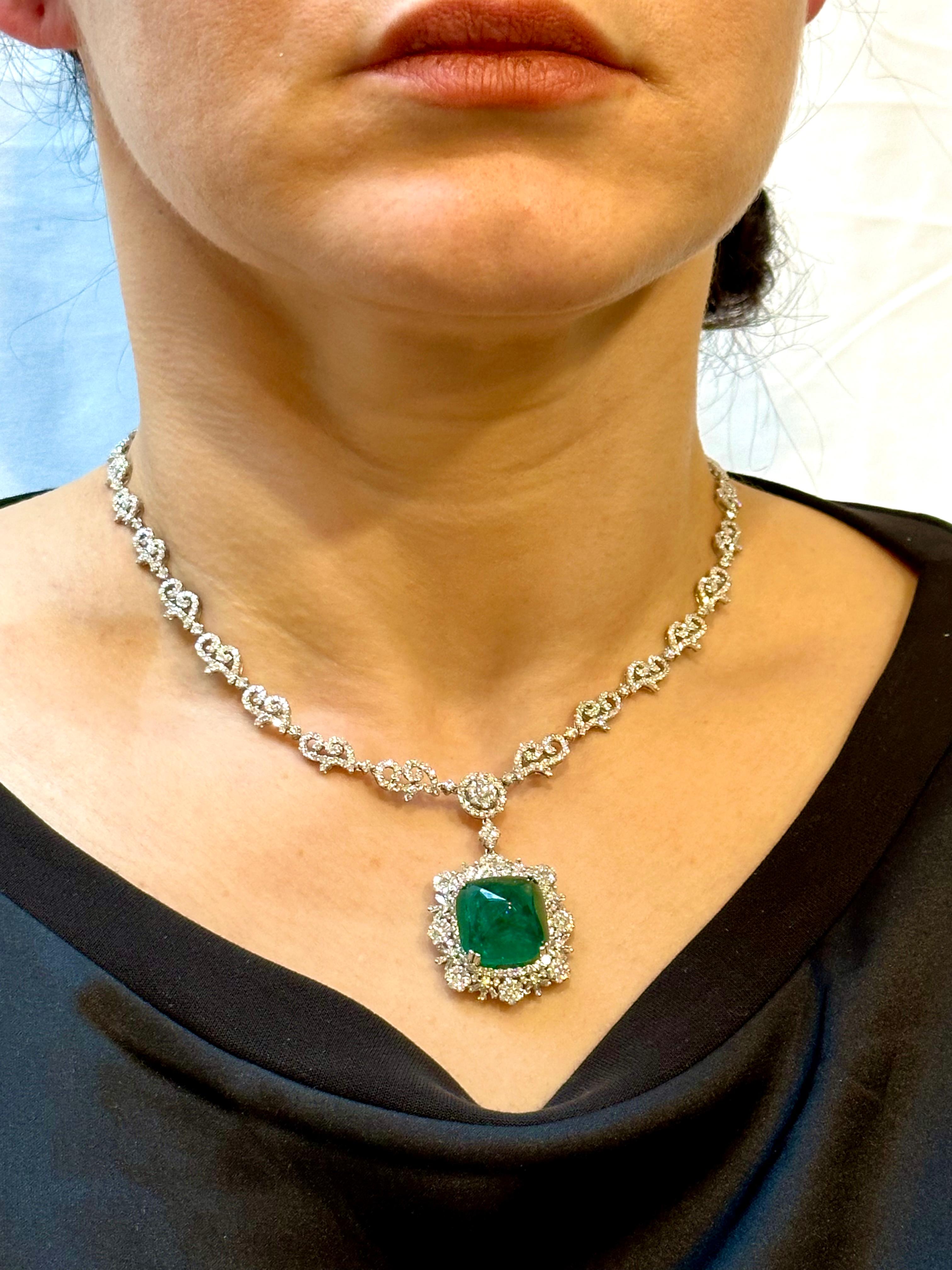 GIA 17 Ct Sugar Loaf Cabochon Colombian Emerald & 13 Ct Diamond Necklace 18KWG For Sale 4