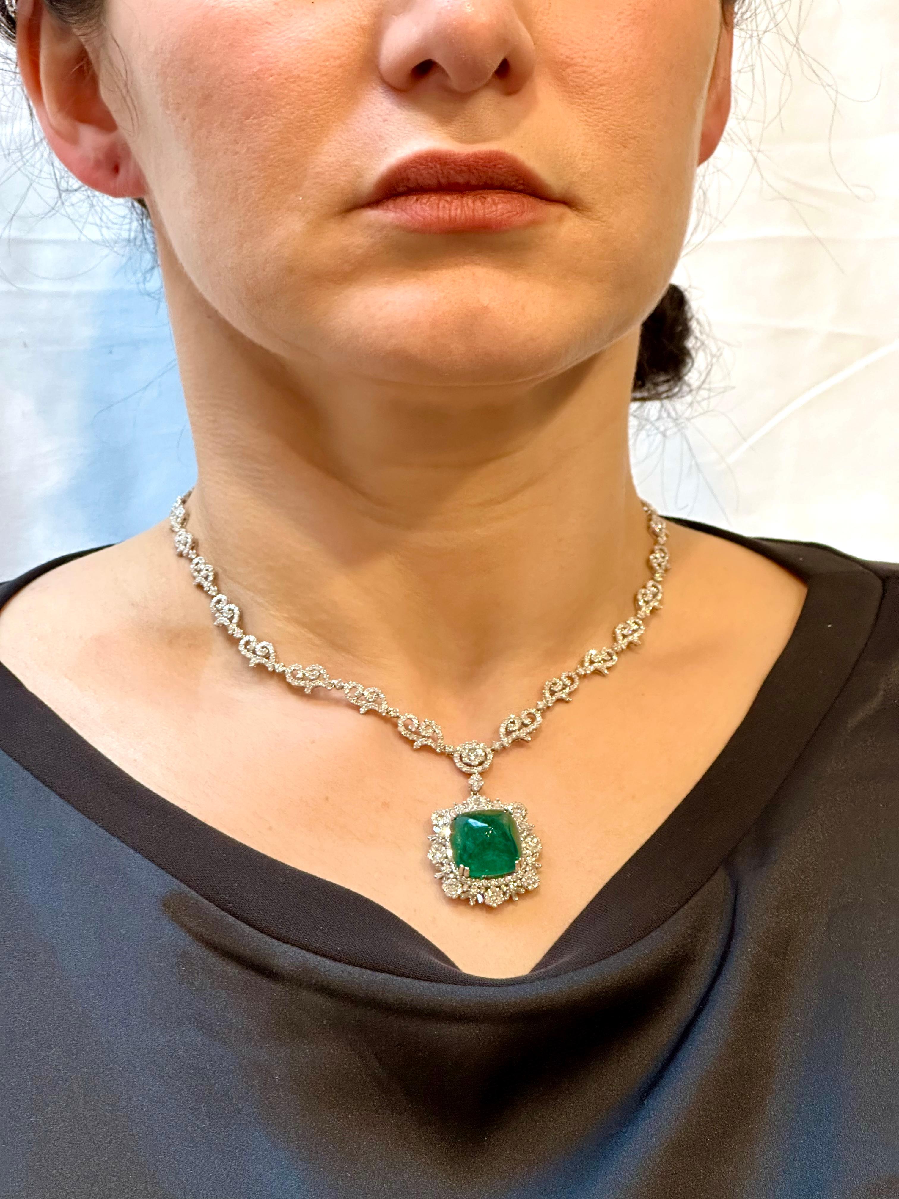 GIA 17 Ct Sugar Loaf Cabochon Colombian Emerald & 13 Ct Diamond Necklace 18KWG For Sale 5