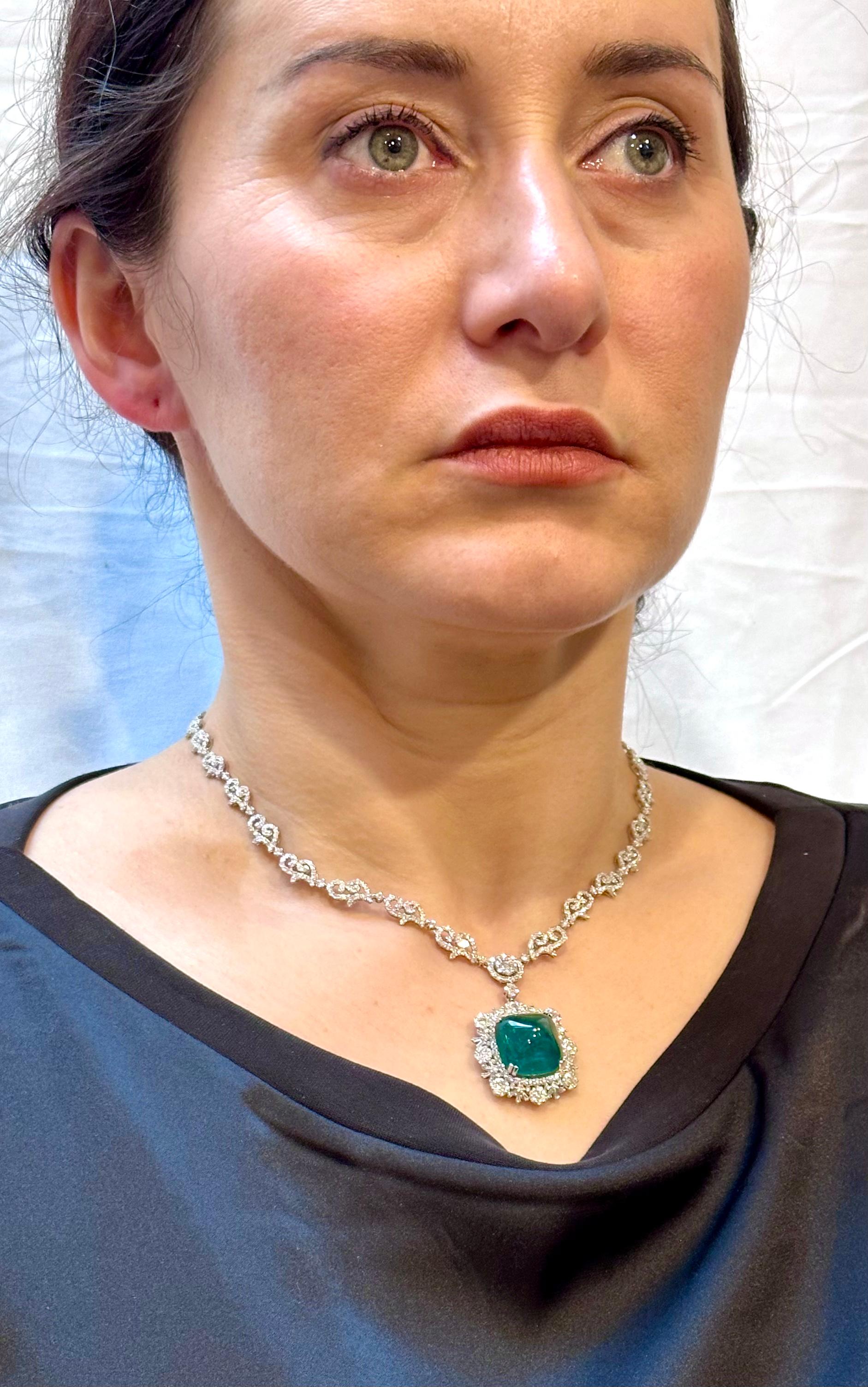 GIA 17 Ct Sugar Loaf Cabochon Colombian Emerald & 13 Ct Diamond Necklace 18KWG For Sale 6