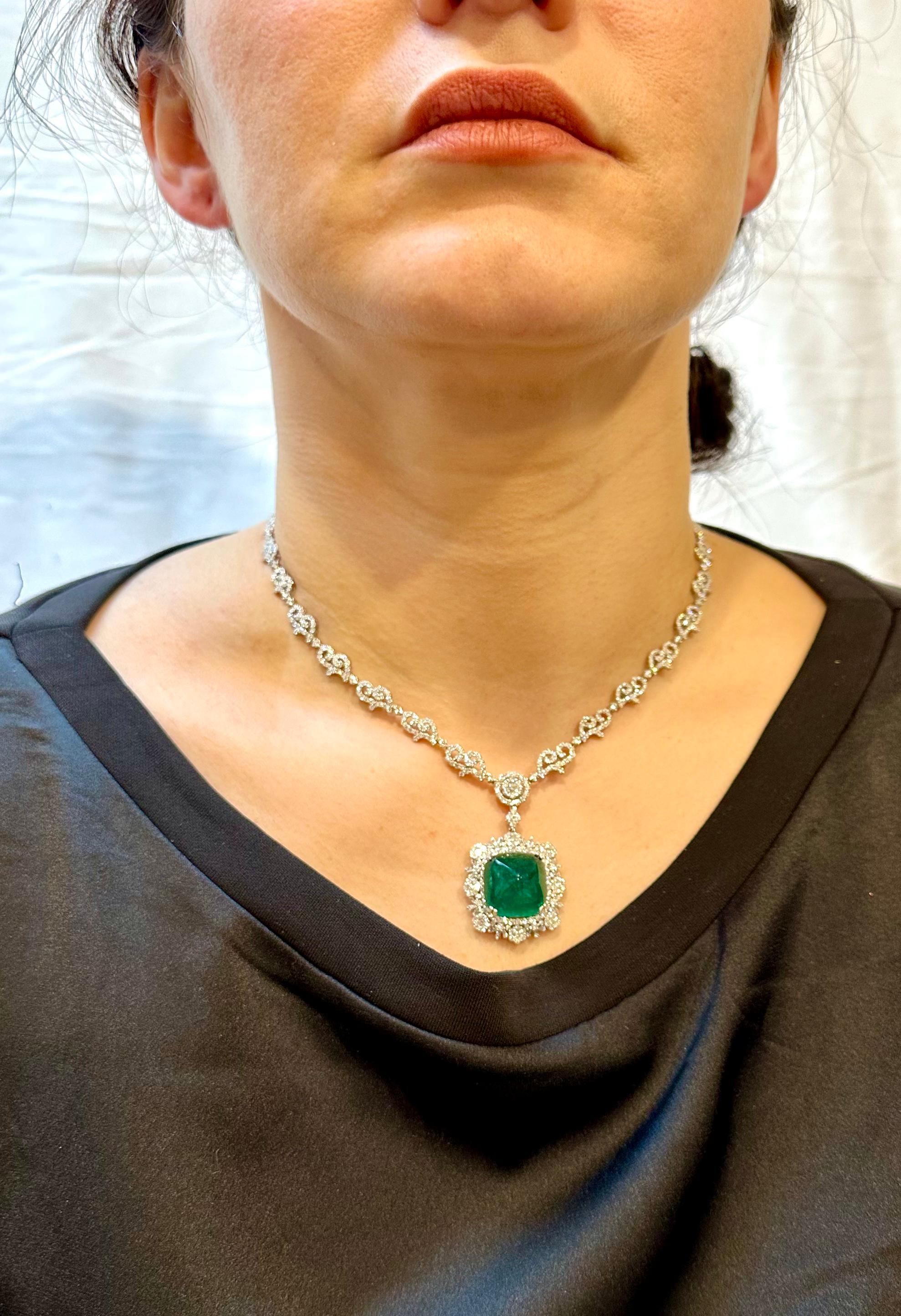 GIA 17 Ct Sugar Loaf Cabochon Colombian Emerald & 13 Ct Diamond Necklace 18KWG For Sale 7