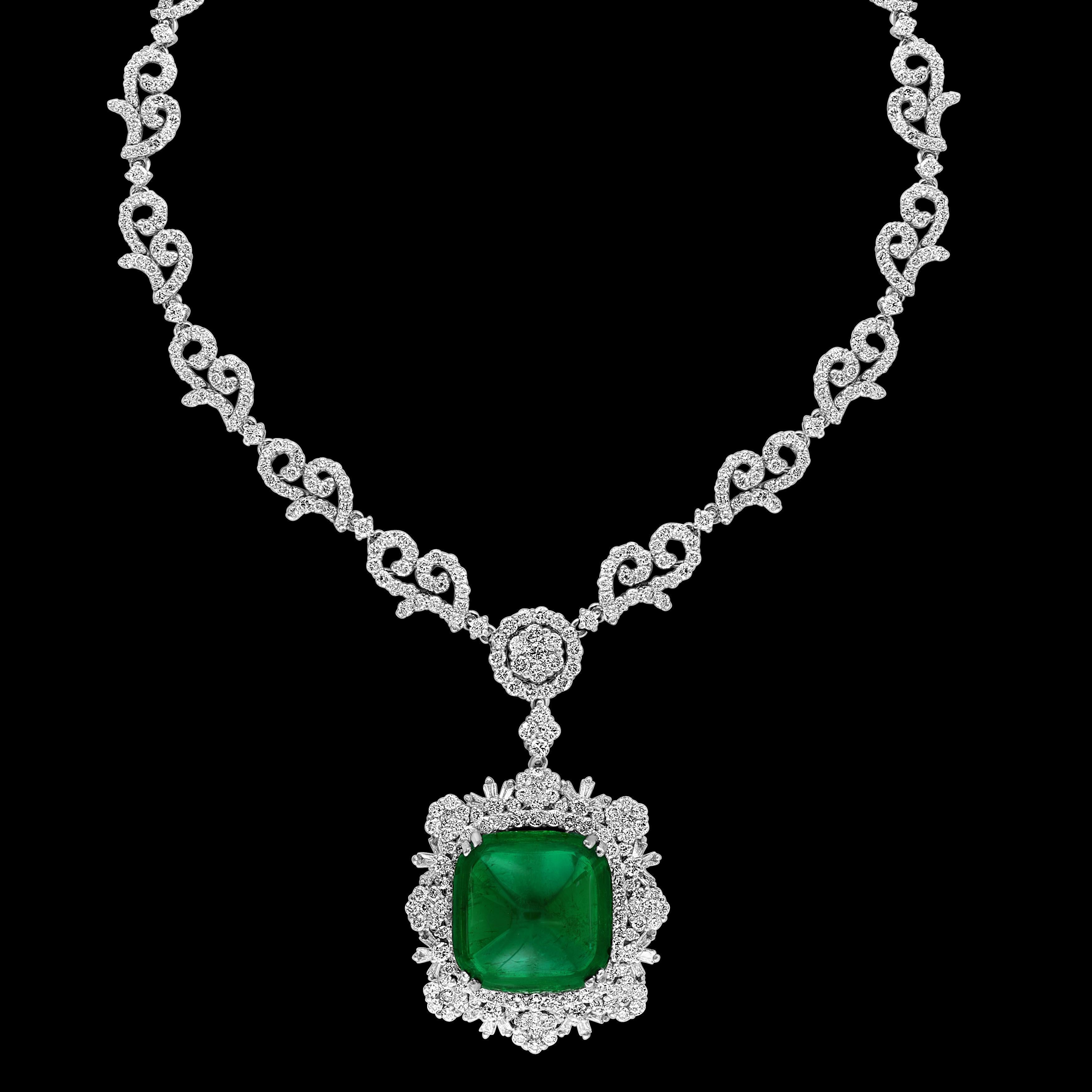 GIA certified 
GIA Report # 2221625145
 Origin : Colombia 
Clarity F2
17 Carat Sugar Loaf Cabochon Colombian Emerald & 12 Carat Diamond Necklace 18KWG
approximately  13 Carats of Diamond Necklace, Estate piece with Sugarloaf Colombian Emerald with