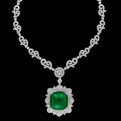 GIA 17 Ct Sugar Loaf Cabochon Colombian Emerald & 13 Ct Diamond Necklace 18KWG