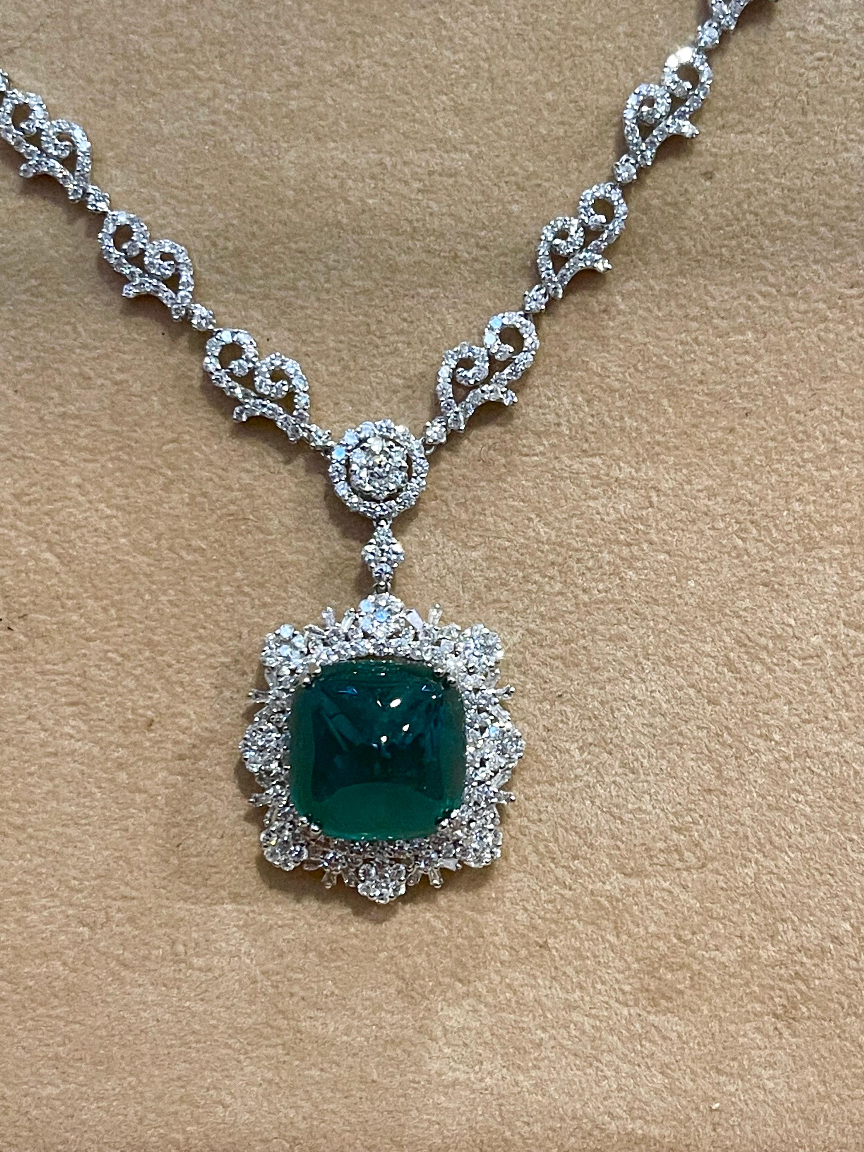 Sugarloaf Cabochon GIA 17 Ct Sugar Loaf Cabochon Colombian Emerald & 13 Ct Diamond Necklace 18KWG For Sale