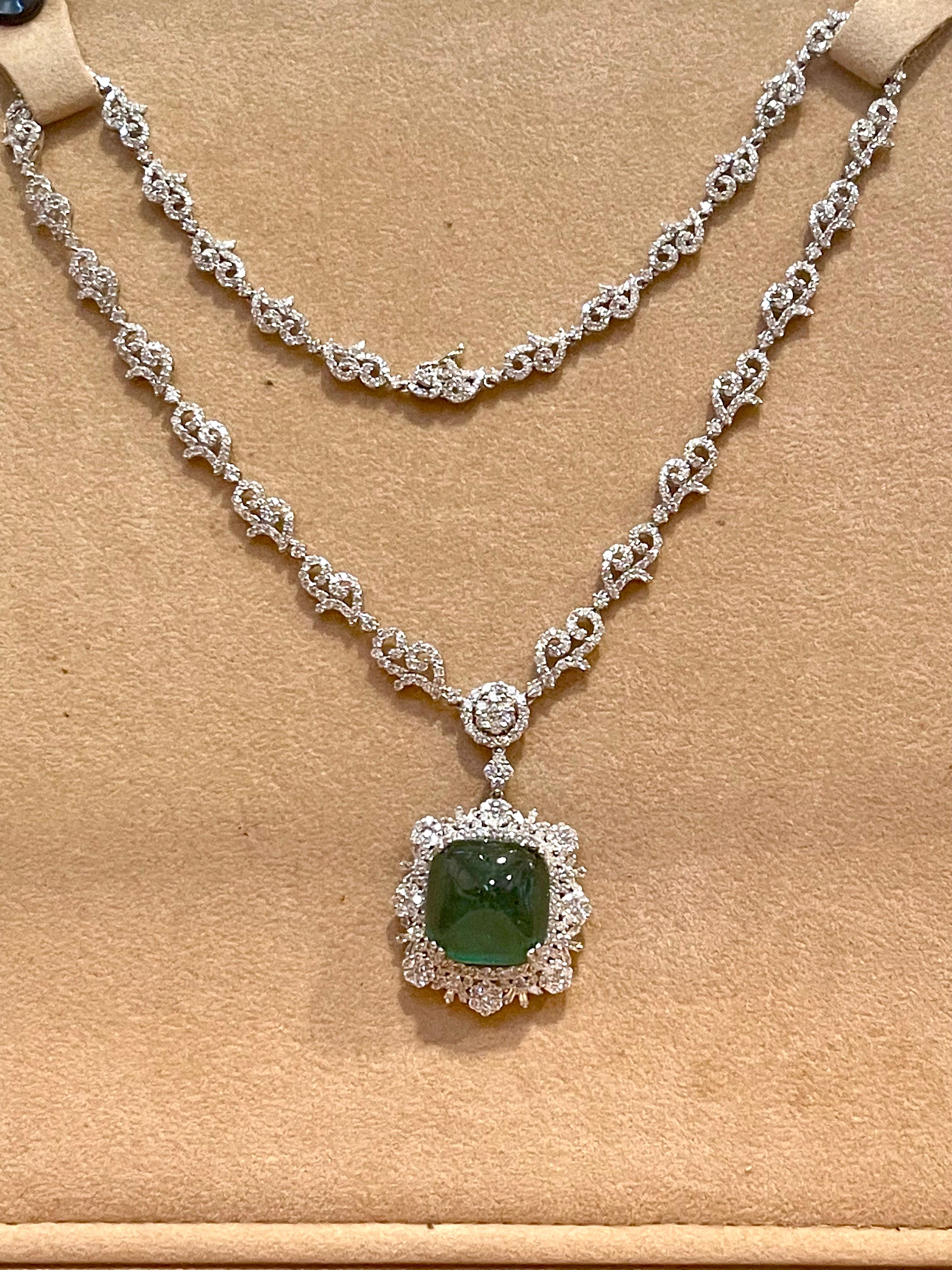 GIA 17 Ct Sugar Loaf Cabochon Colombian Emerald & 13 Ct Diamond Necklace 18KWG In Excellent Condition For Sale In New York, NY
