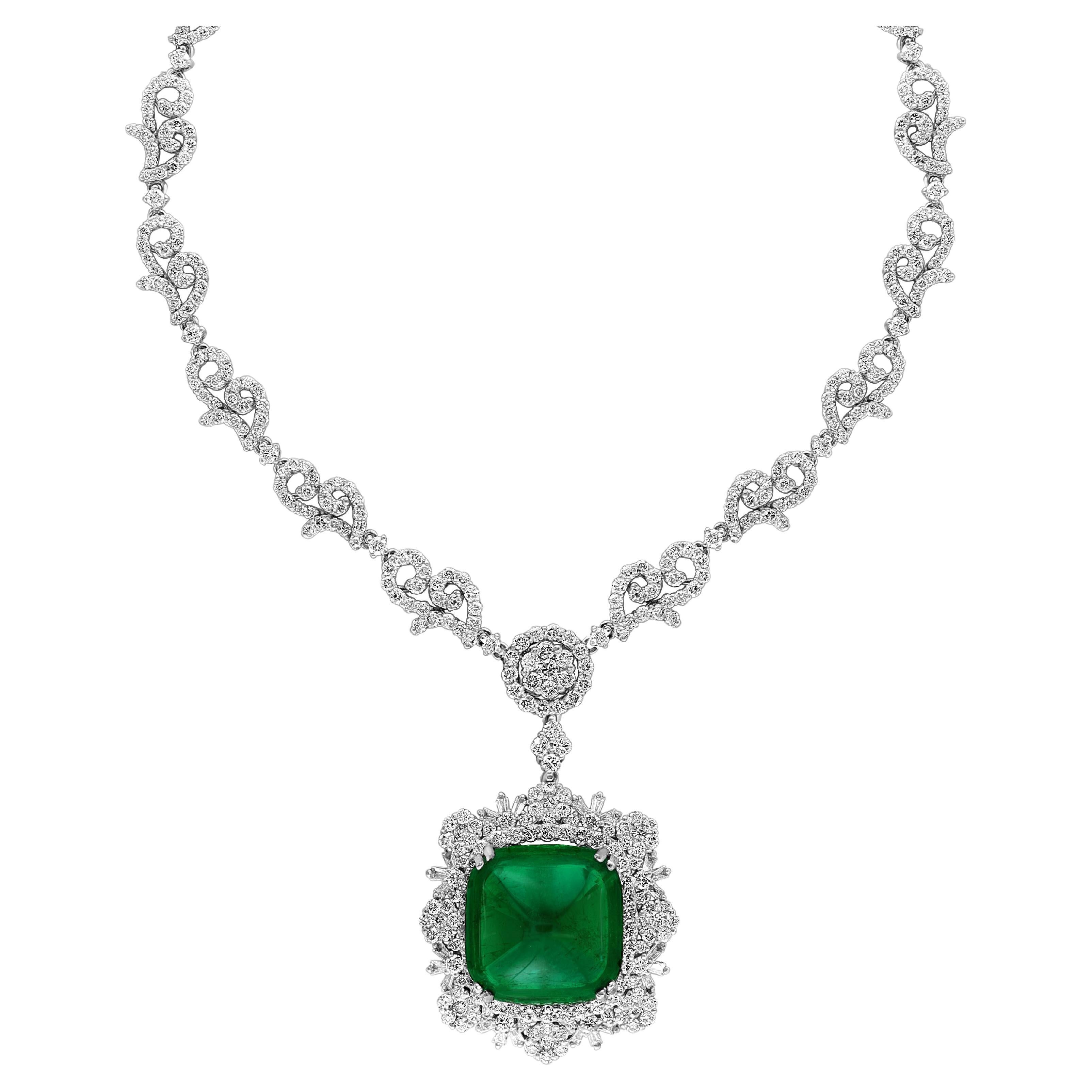 GIA 17 Ct Sugar Loaf Cabochon Colombian Emerald & 13 Ct Diamond Necklace 18KWG For Sale