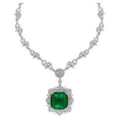 GIA 17 Karat Zuckerhut-Cabochon kolumbianischer Smaragd & 13 Karat Diamant-Halskette 18KWG