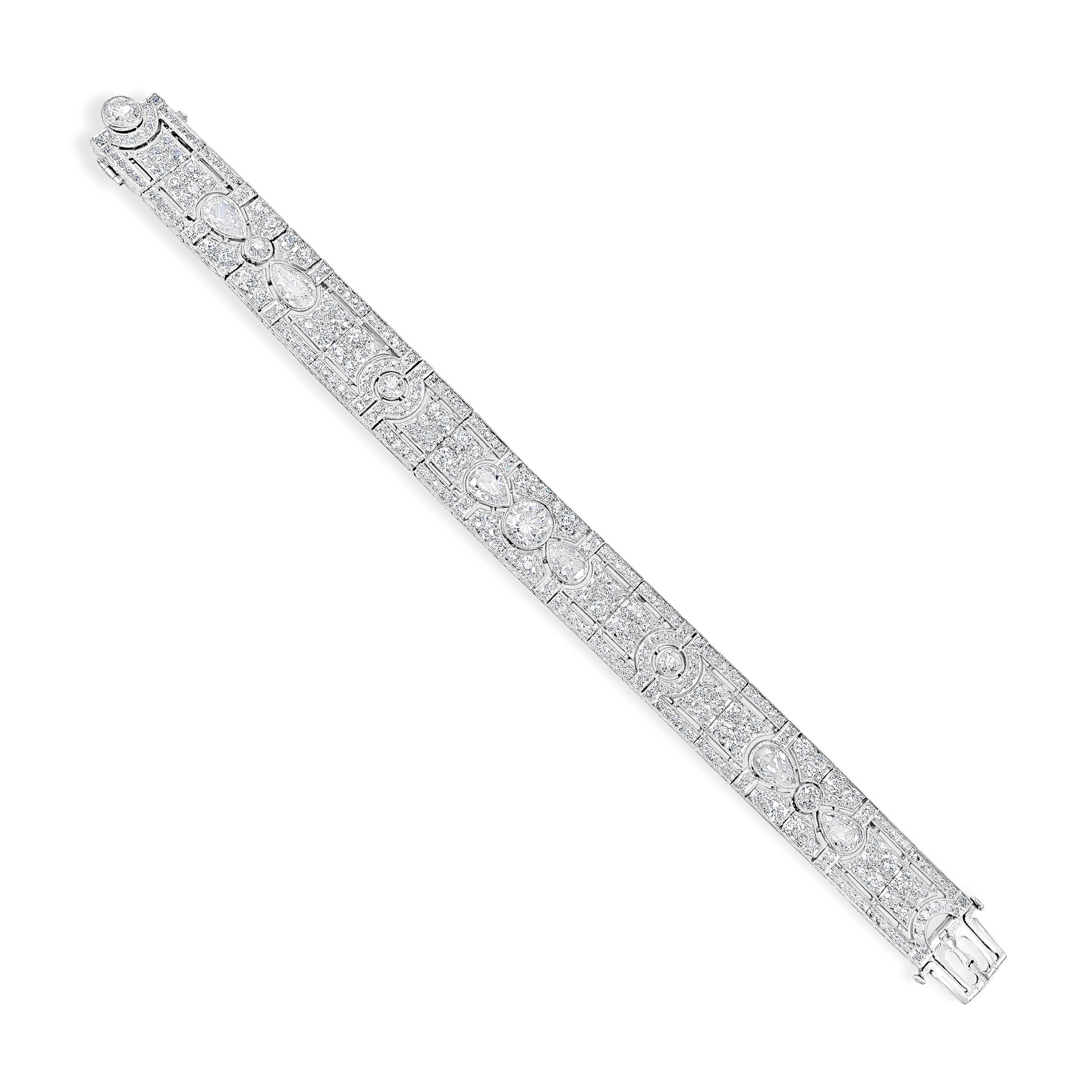 An antique open-work design art deco bracelet encrusted with 17 carats total of brilliant mixed cut diamonds. Made in platinum. 7 inches in length.