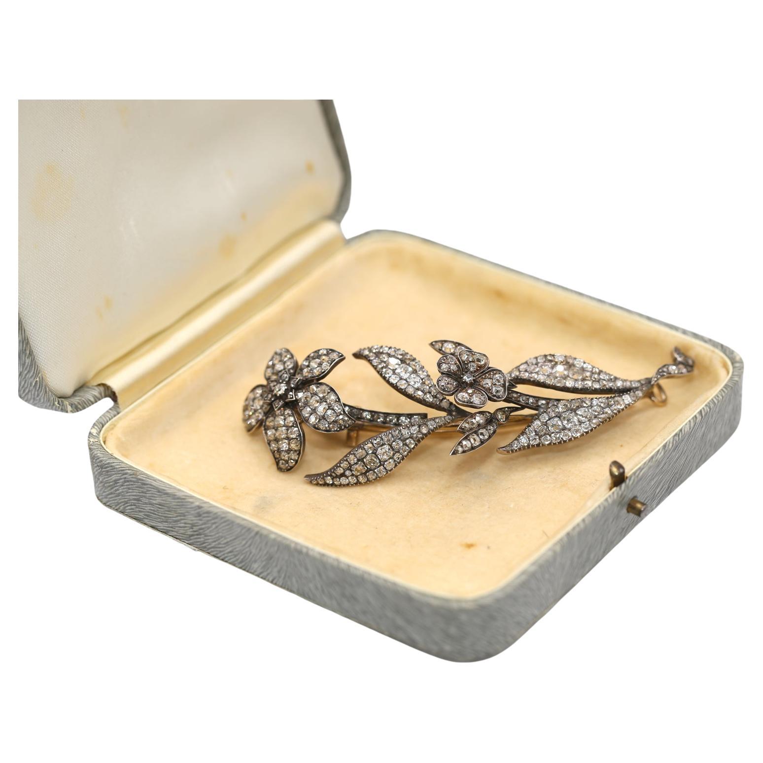 17 Carats Old-cut Diamonds Flower Brooch Box, 1890