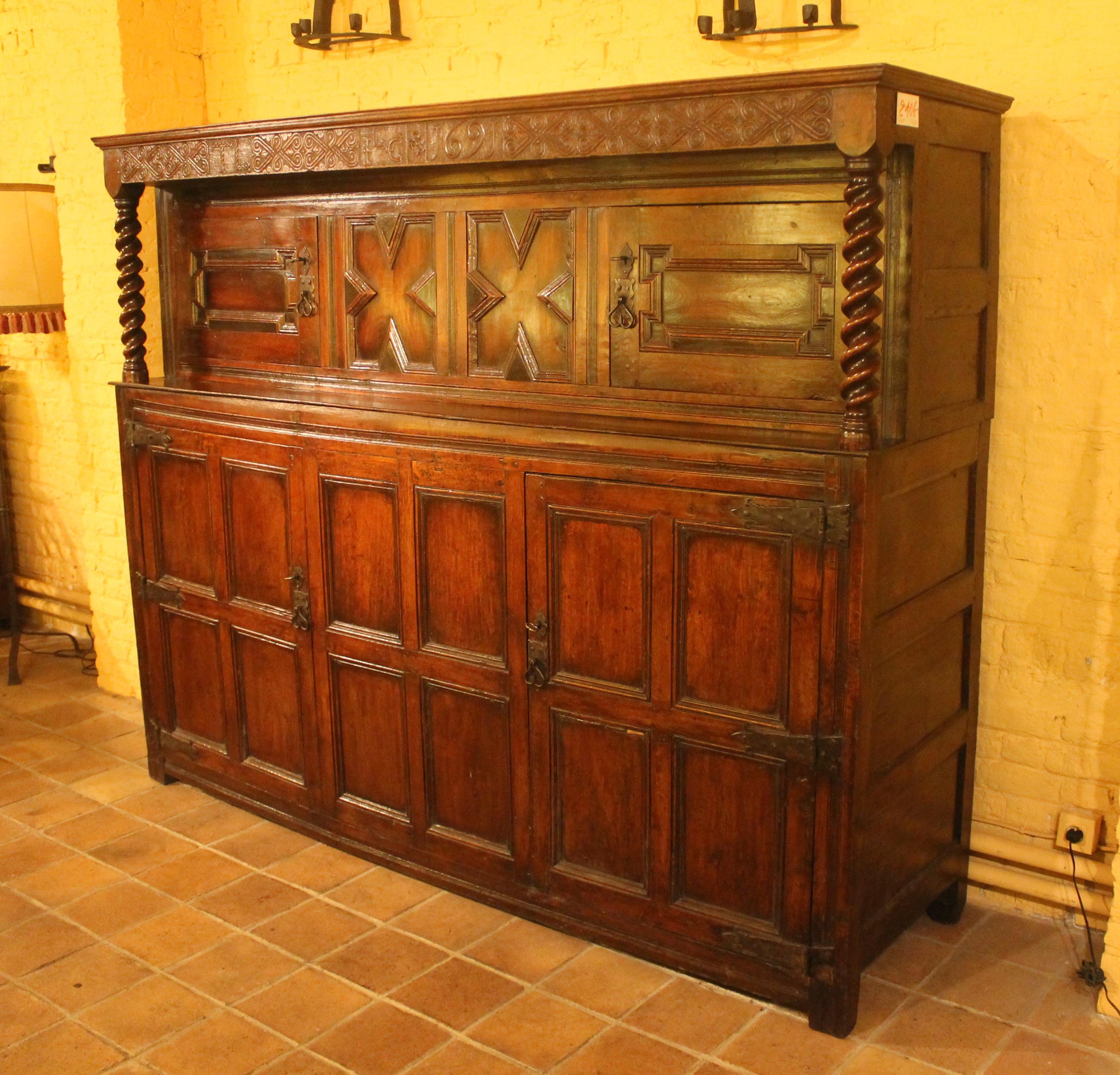 Oak 17th Century English Cupboard Period James II For Sale